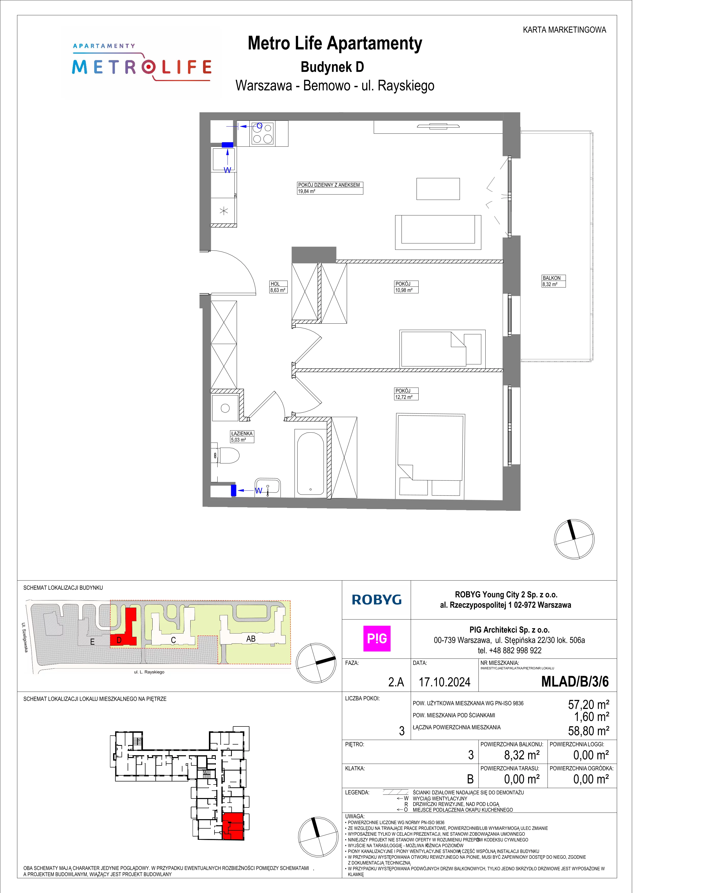 3 pokoje, mieszkanie 57,20 m², piętro 3, oferta nr MLAD/B/3/6, Metro Life Apartamenty, Warszawa, Bemowo, Chrzanów, ul. Rayskiego