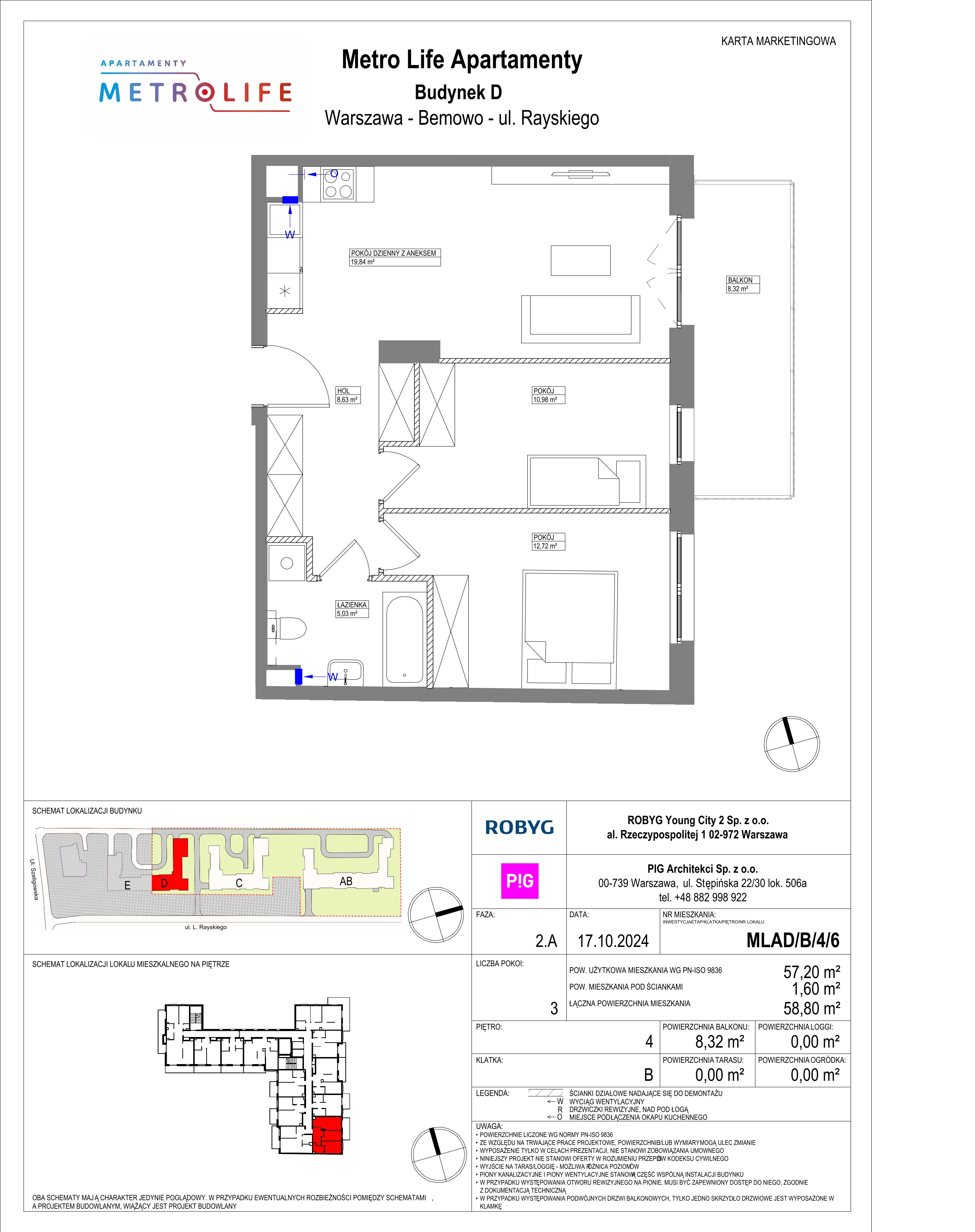 3 pokoje, mieszkanie 57,20 m², piętro 4, oferta nr MLAD/B/4/6, Metro Life Apartamenty, Warszawa, Bemowo, Chrzanów, ul. Rayskiego
