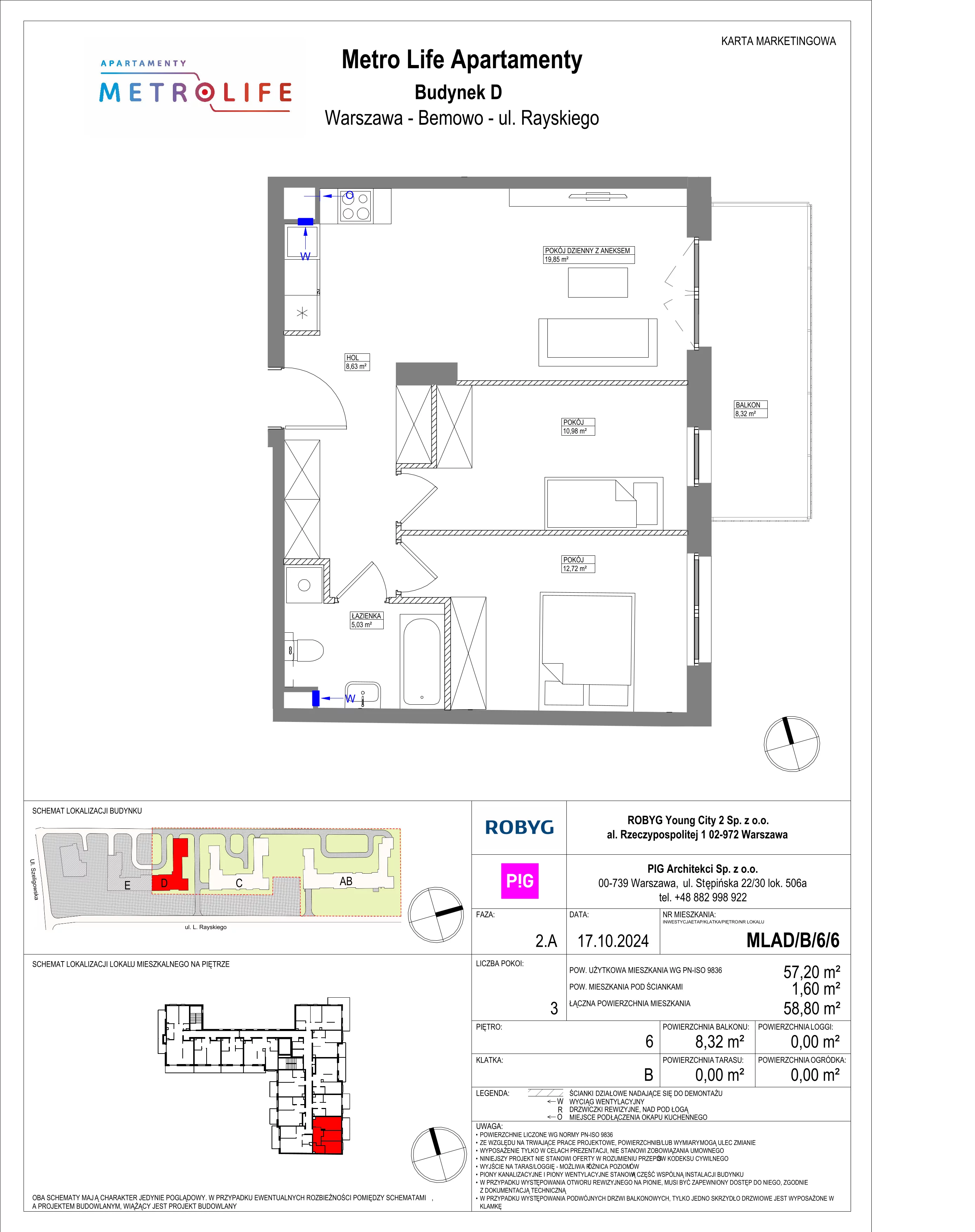 3 pokoje, mieszkanie 57,20 m², piętro 6, oferta nr MLAD/B/6/6, Metro Life Apartamenty, Warszawa, Bemowo, Chrzanów, ul. Rayskiego