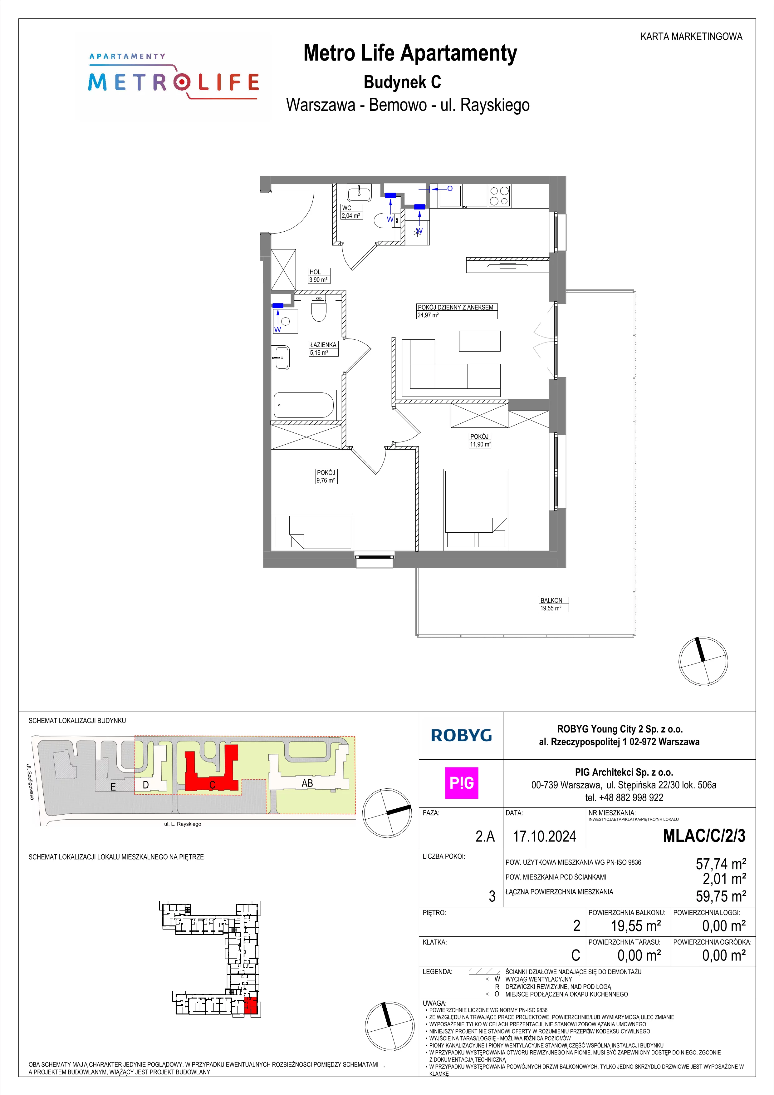 3 pokoje, mieszkanie 57,74 m², piętro 2, oferta nr MLAC/C/2/3, Metro Life Apartamenty, Warszawa, Bemowo, Chrzanów, ul. Rayskiego