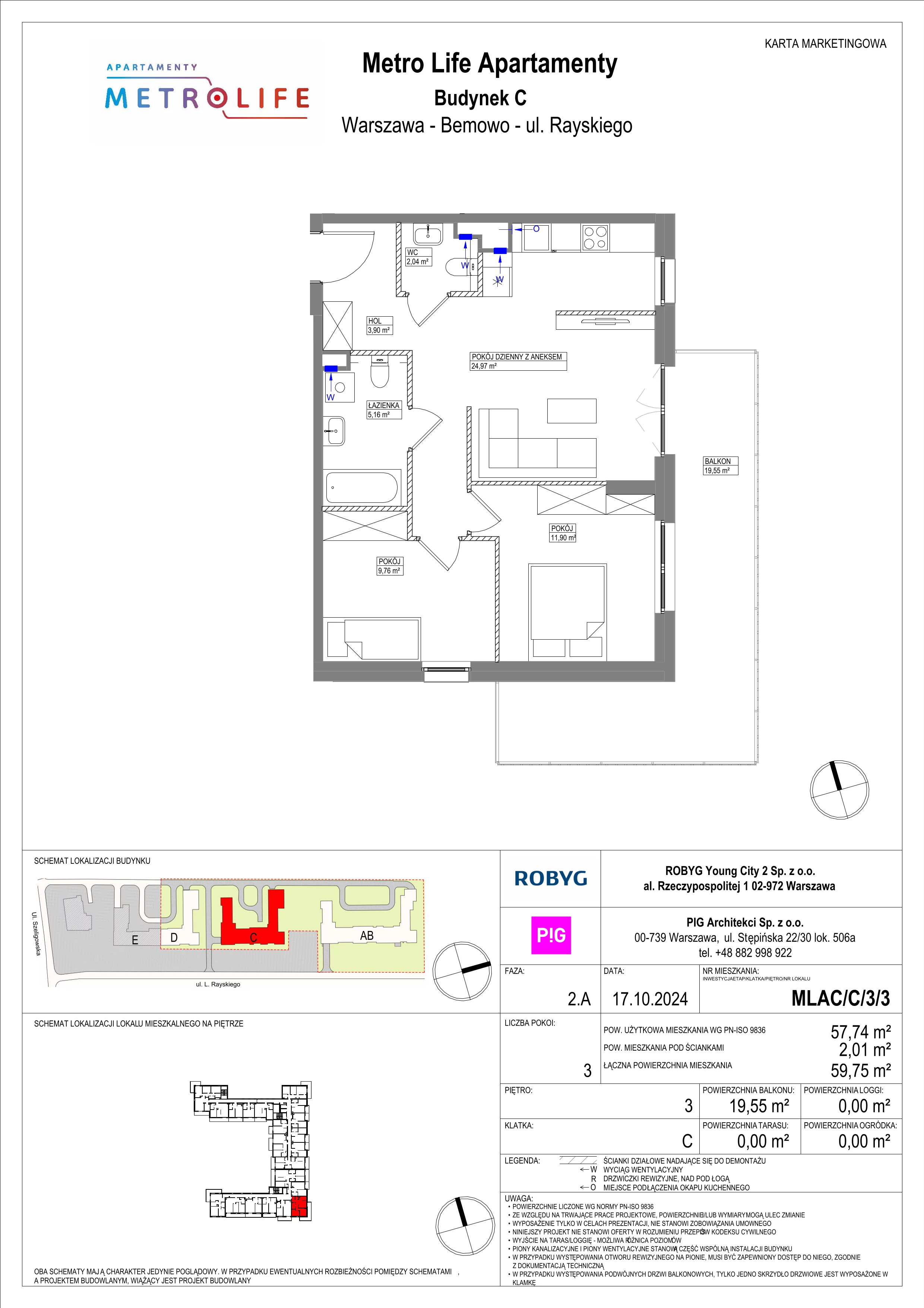 3 pokoje, mieszkanie 57,74 m², piętro 3, oferta nr MLAC/C/3/3, Metro Life Apartamenty, Warszawa, Bemowo, Chrzanów, ul. Rayskiego