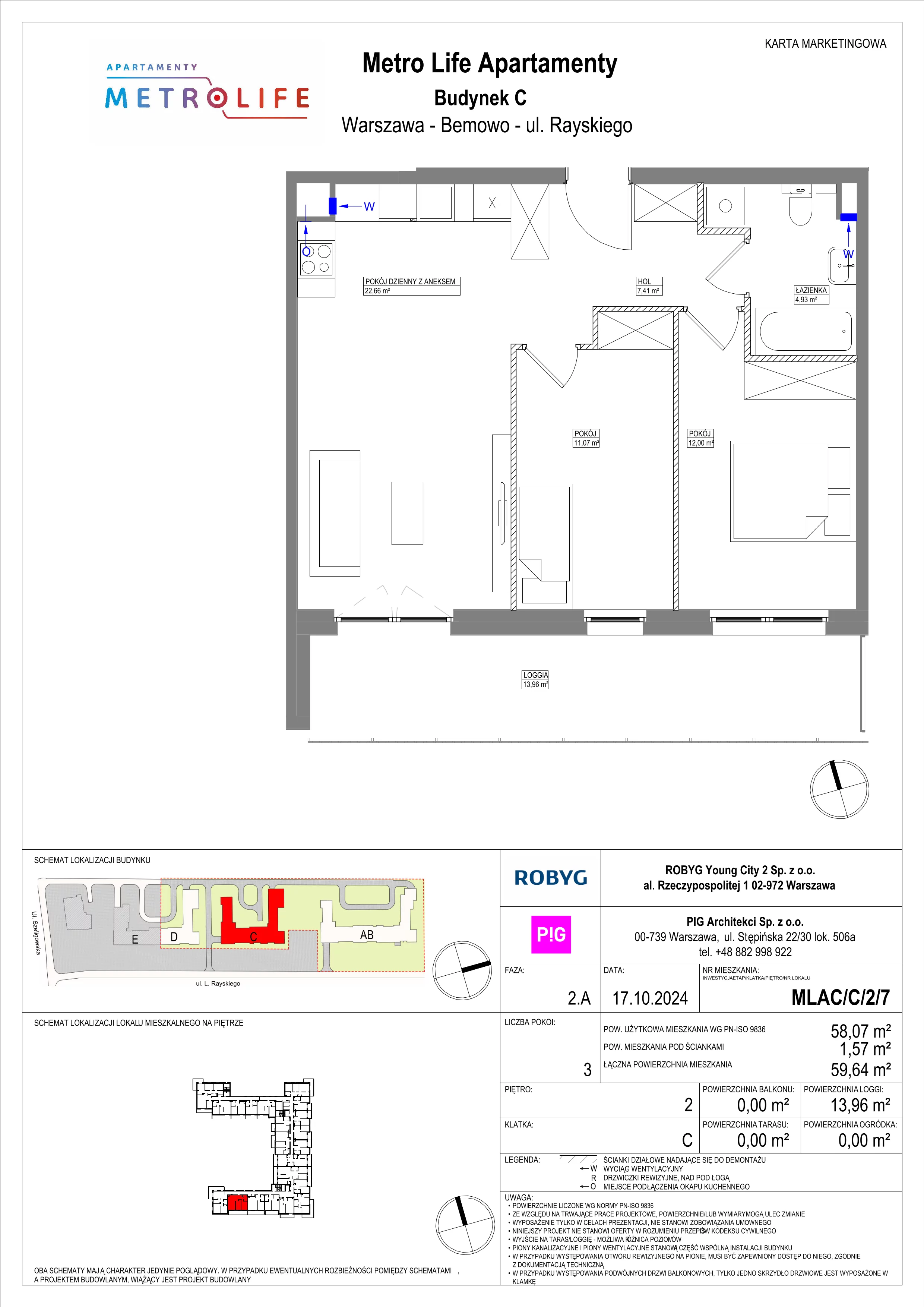 3 pokoje, mieszkanie 58,07 m², piętro 2, oferta nr MLAC/C/2/7, Metro Life Apartamenty, Warszawa, Bemowo, Chrzanów, ul. Rayskiego