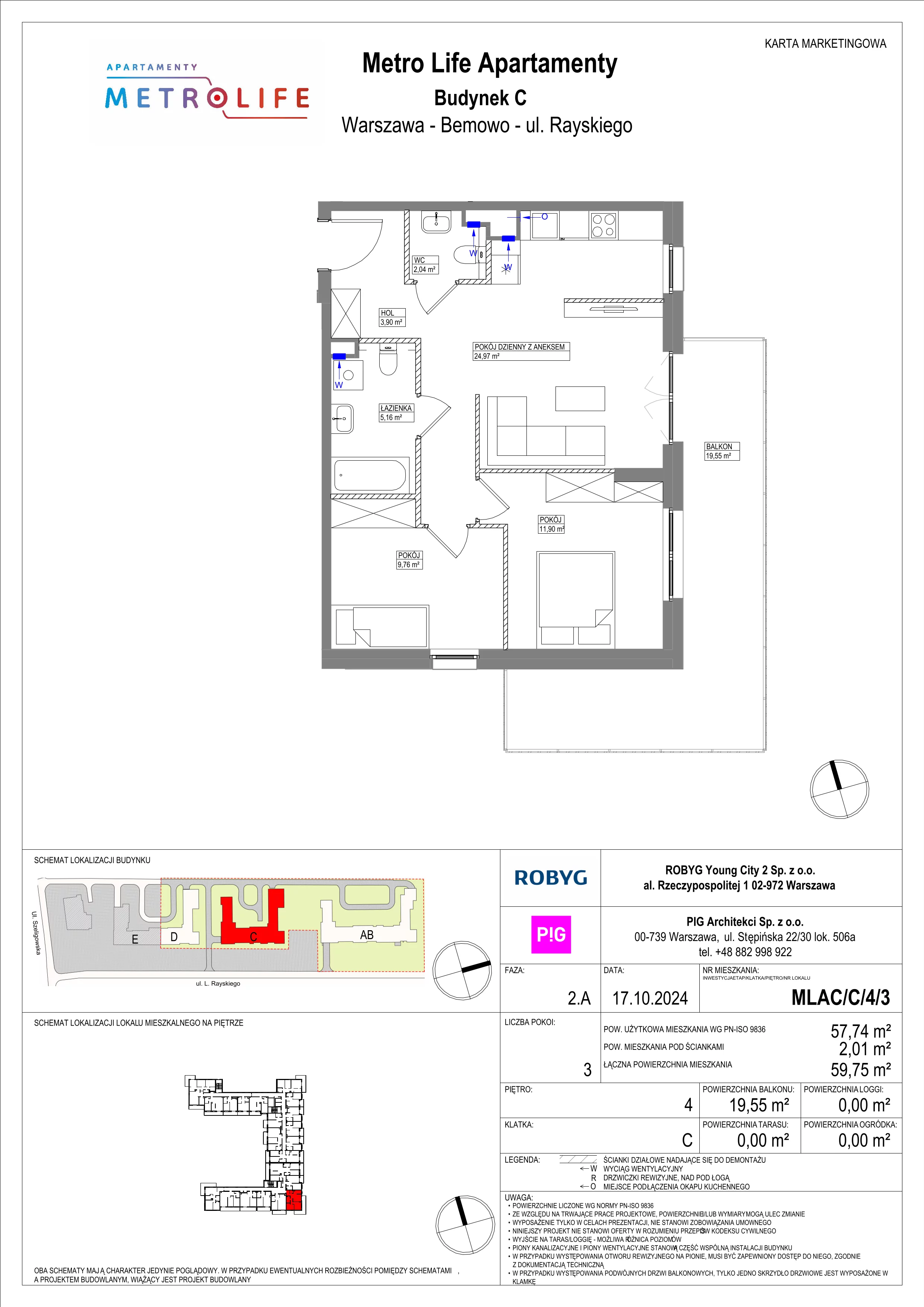 3 pokoje, mieszkanie 57,74 m², piętro 4, oferta nr MLAC/C/4/3, Metro Life Apartamenty, Warszawa, Bemowo, Chrzanów, ul. Rayskiego