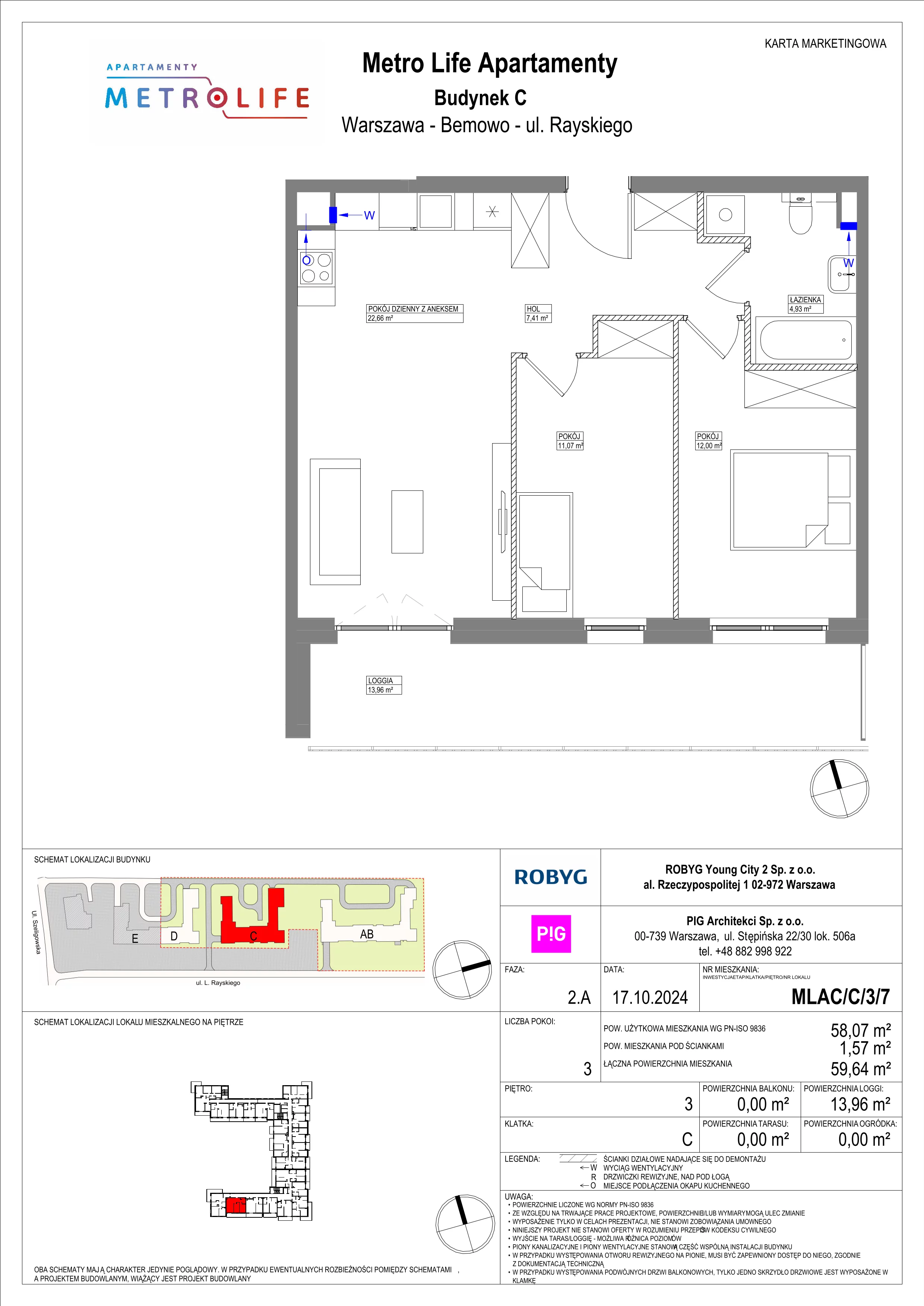 3 pokoje, mieszkanie 58,07 m², piętro 3, oferta nr MLAC/C/3/7, Metro Life Apartamenty, Warszawa, Bemowo, Chrzanów, ul. Rayskiego