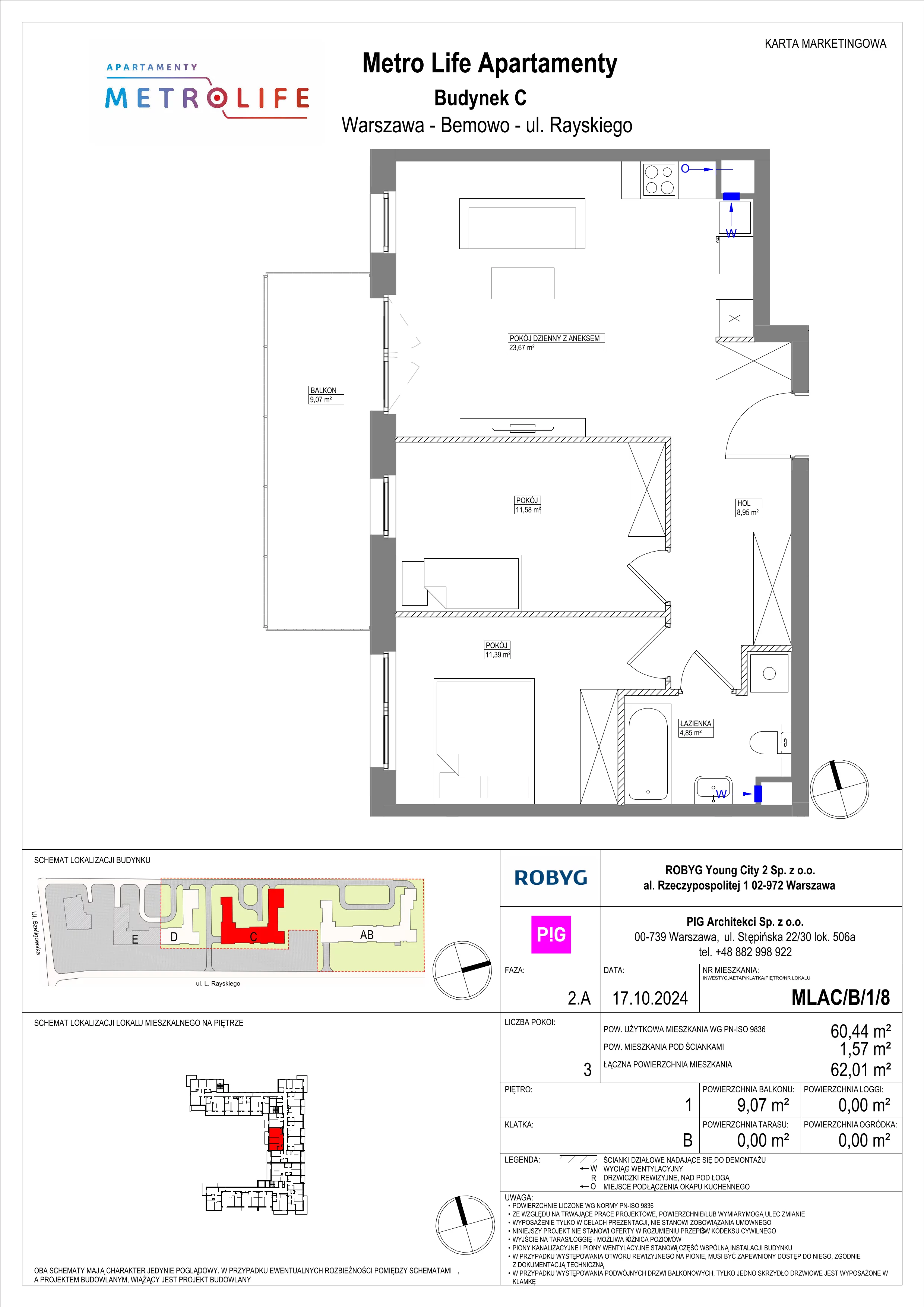 3 pokoje, mieszkanie 60,44 m², piętro 1, oferta nr MLAC/B/1/8, Metro Life Apartamenty, Warszawa, Bemowo, Chrzanów, ul. Rayskiego
