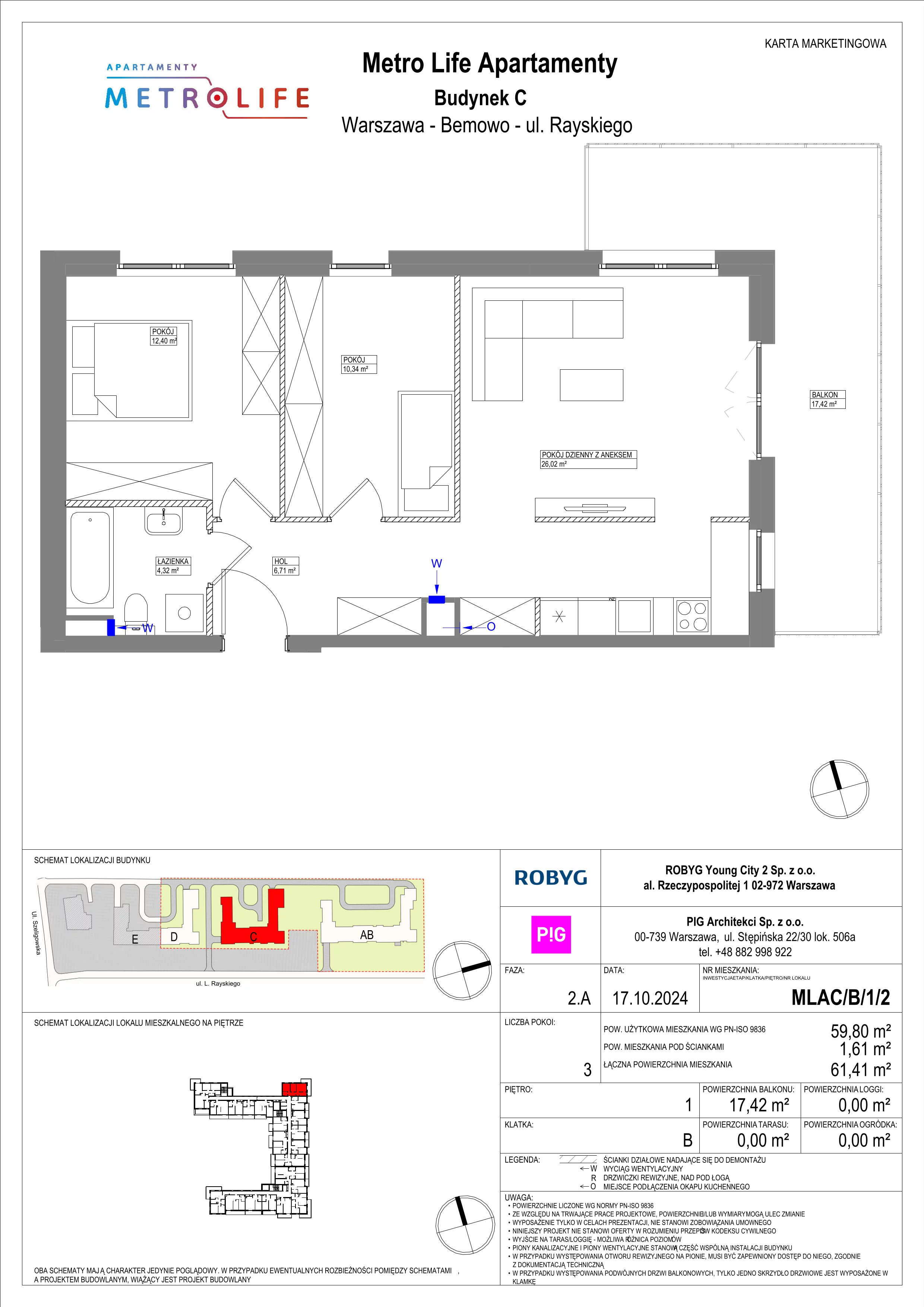 3 pokoje, mieszkanie 59,80 m², piętro 1, oferta nr MLAC/B/1/2, Metro Life Apartamenty, Warszawa, Bemowo, Chrzanów, ul. Rayskiego
