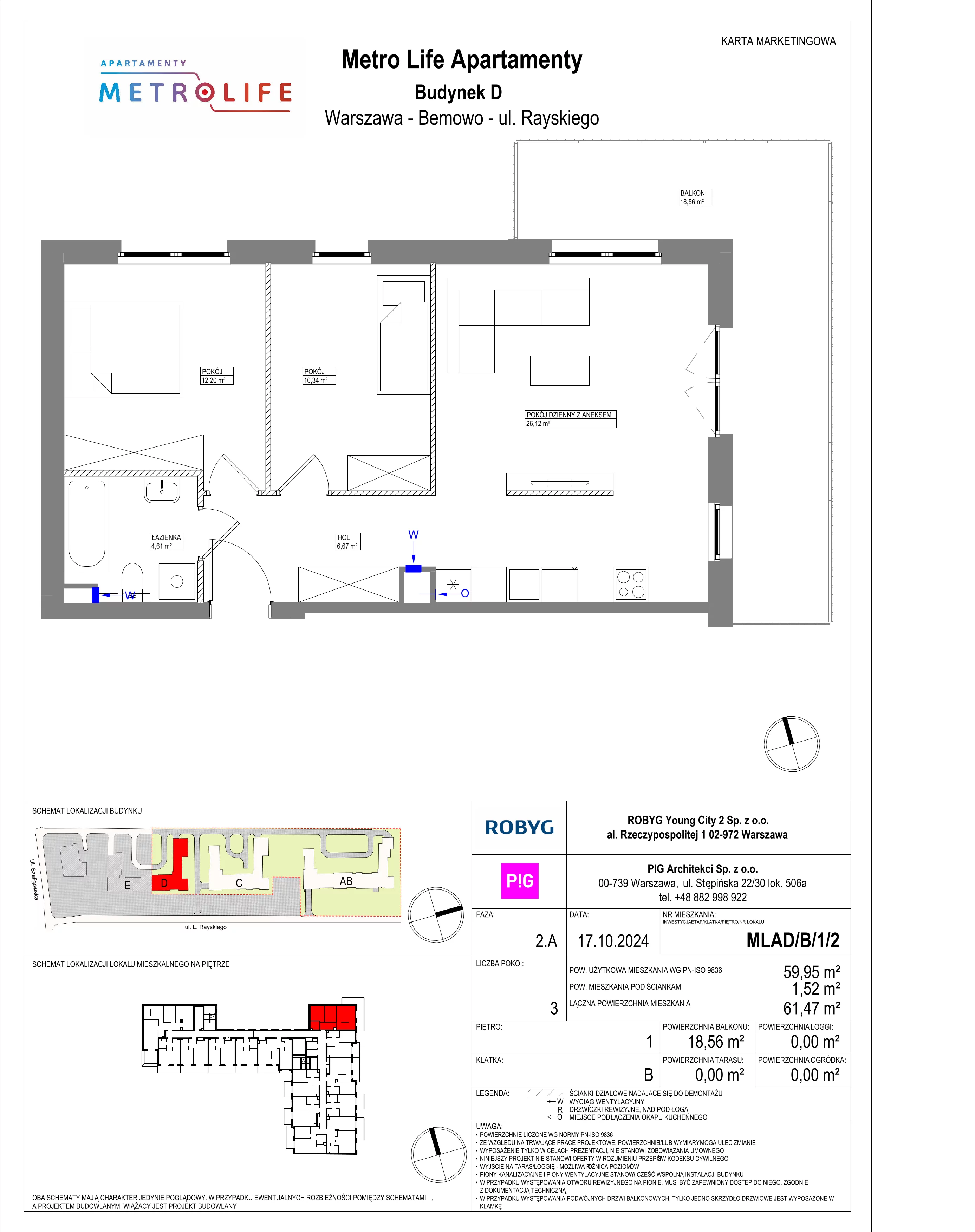3 pokoje, mieszkanie 59,95 m², piętro 1, oferta nr MLAD/B/1/2, Metro Life Apartamenty, Warszawa, Bemowo, Chrzanów, ul. Rayskiego