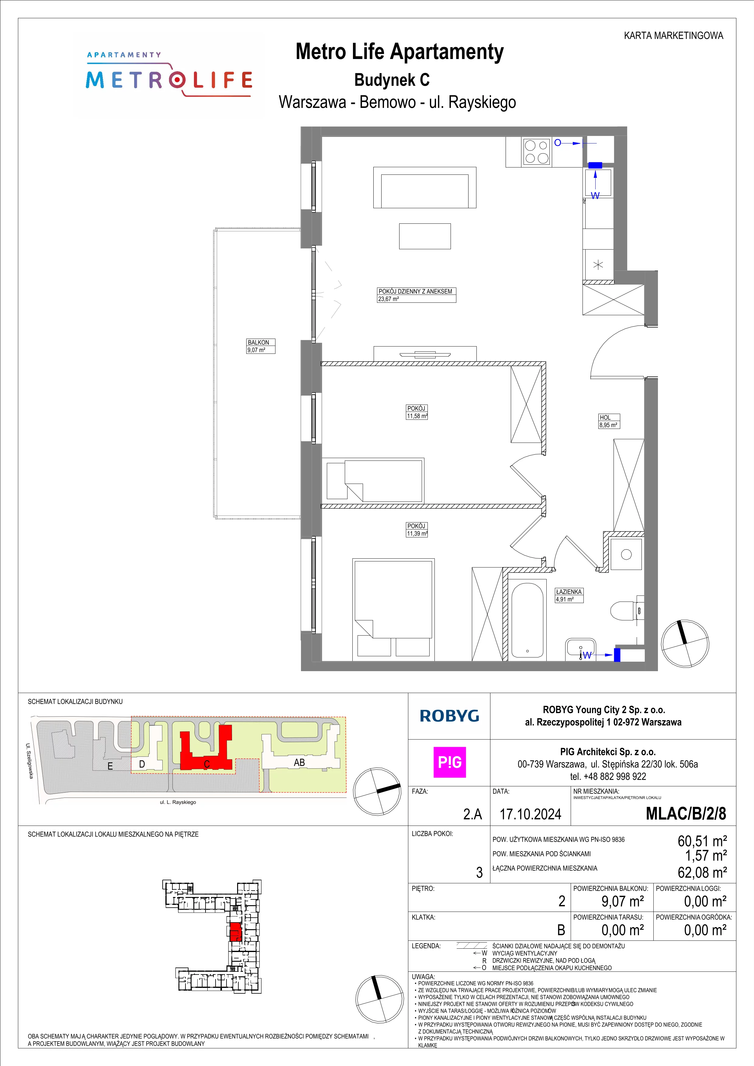 3 pokoje, mieszkanie 60,51 m², piętro 2, oferta nr MLAC/B/2/8, Metro Life Apartamenty, Warszawa, Bemowo, Chrzanów, ul. Rayskiego