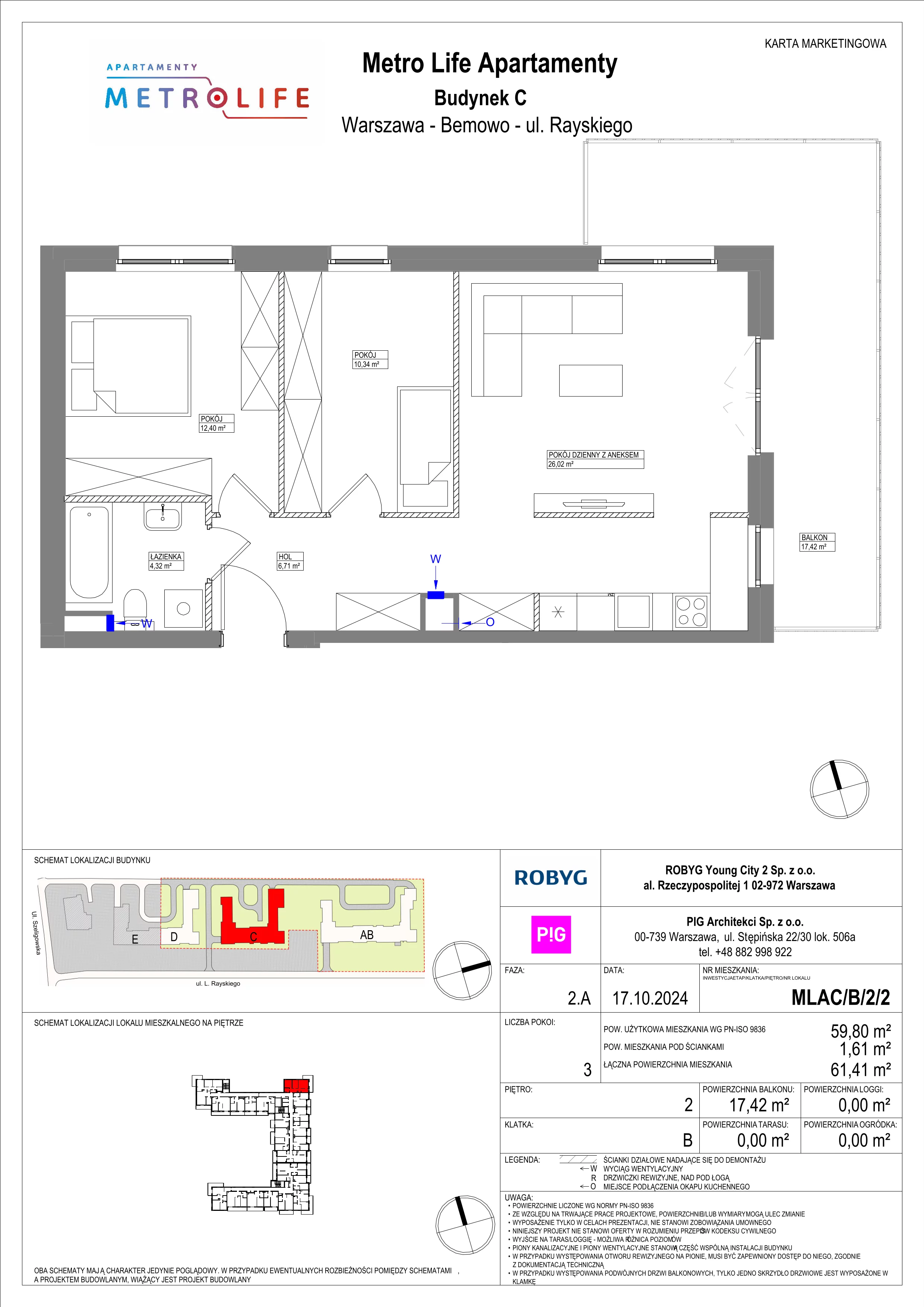 3 pokoje, mieszkanie 59,80 m², piętro 2, oferta nr MLAC/B/2/2, Metro Life Apartamenty, Warszawa, Bemowo, Chrzanów, ul. Rayskiego