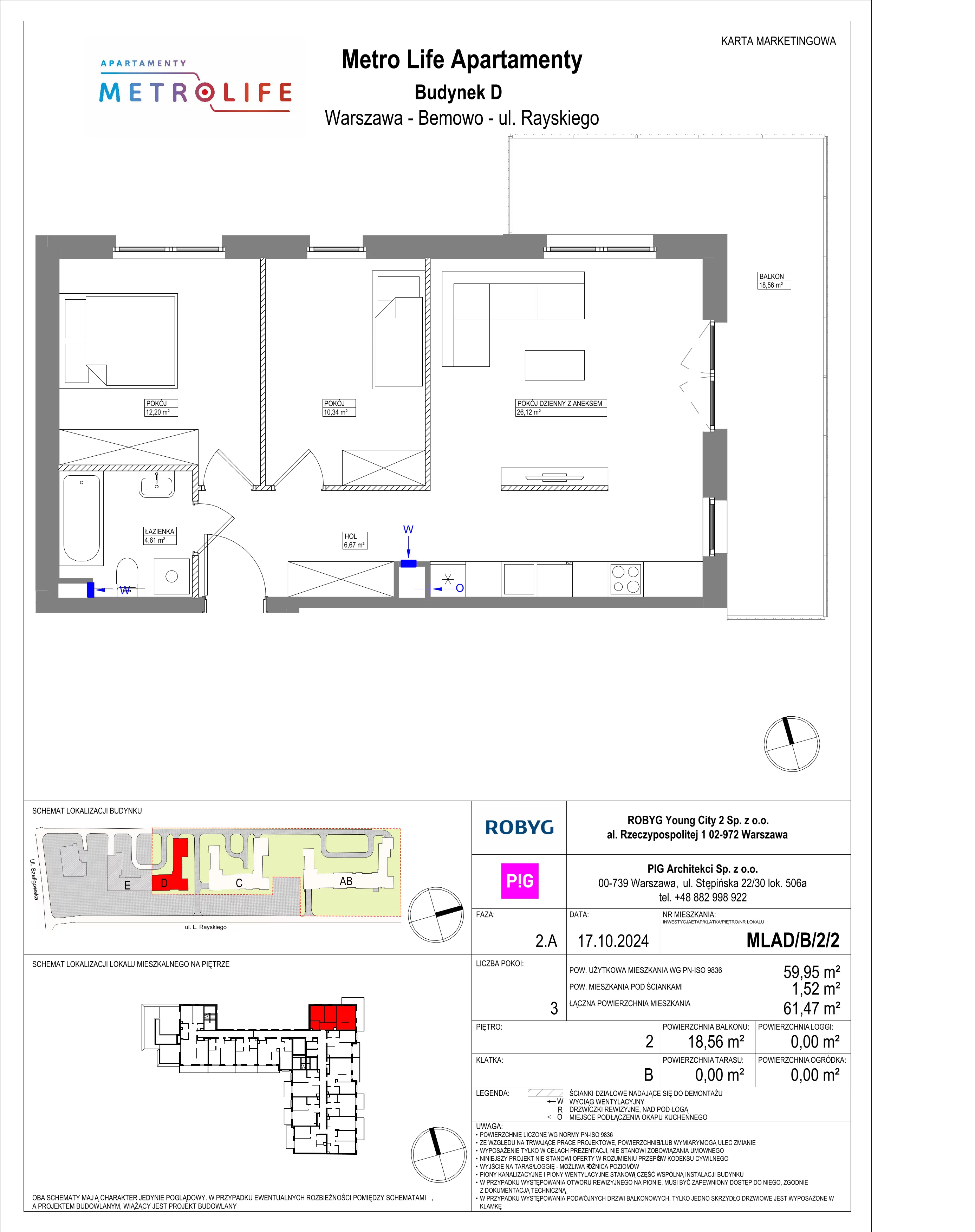 3 pokoje, mieszkanie 59,95 m², piętro 2, oferta nr MLAD/B/2/2, Metro Life Apartamenty, Warszawa, Bemowo, Chrzanów, ul. Rayskiego