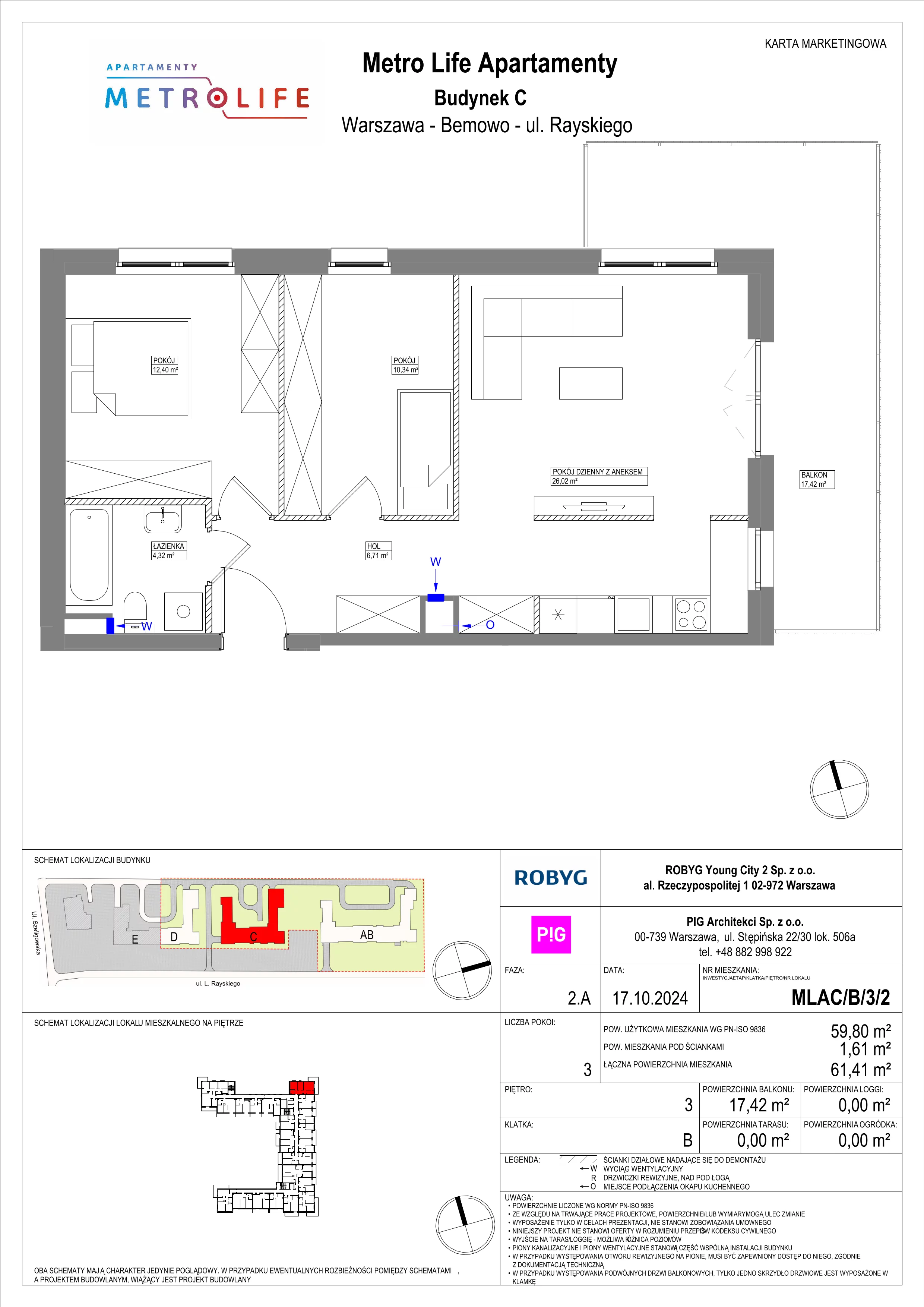 3 pokoje, mieszkanie 59,80 m², piętro 3, oferta nr MLAC/B/3/2, Metro Life Apartamenty, Warszawa, Bemowo, Chrzanów, ul. Rayskiego
