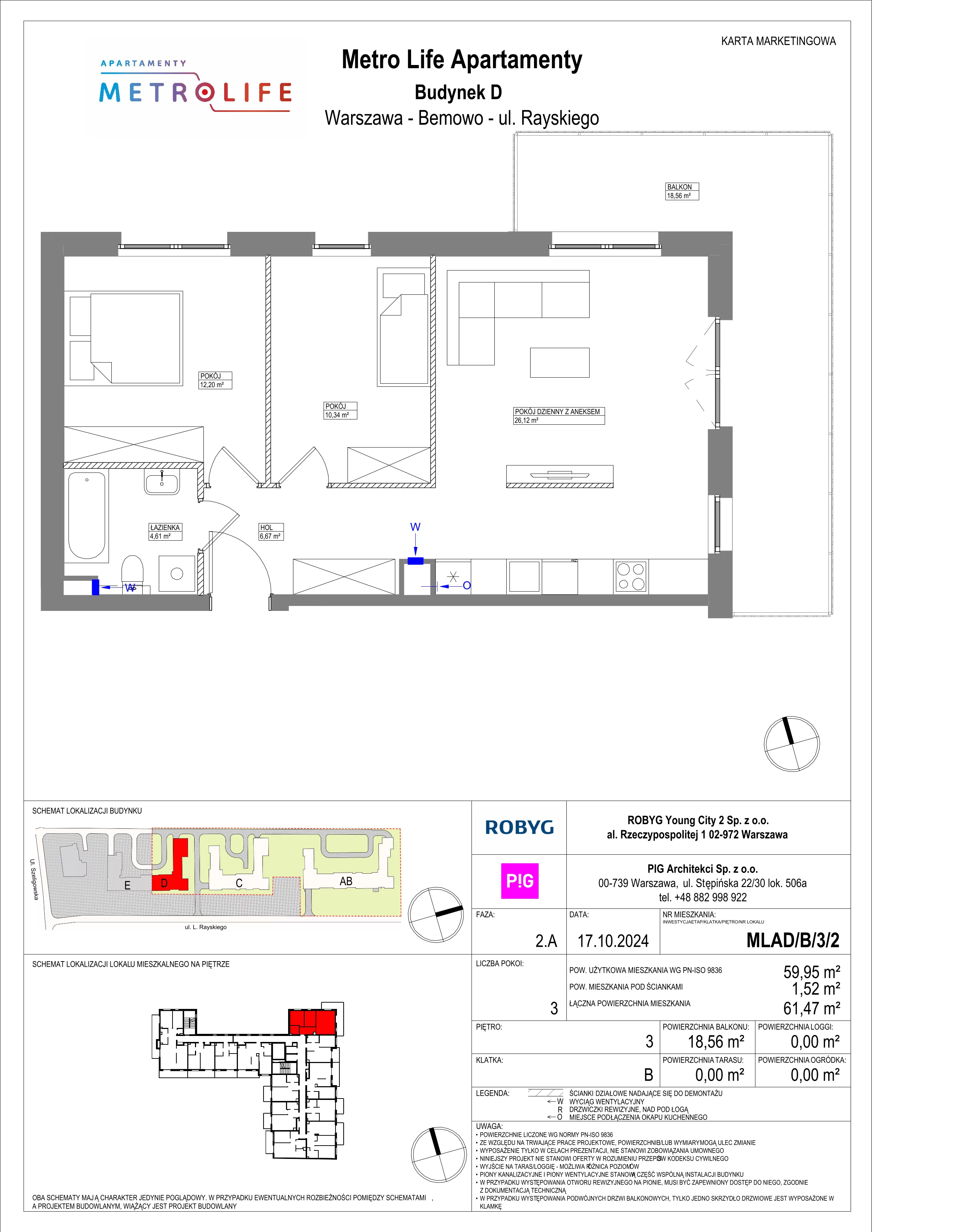 3 pokoje, mieszkanie 59,95 m², piętro 3, oferta nr MLAD/B/3/2, Metro Life Apartamenty, Warszawa, Bemowo, Chrzanów, ul. Rayskiego