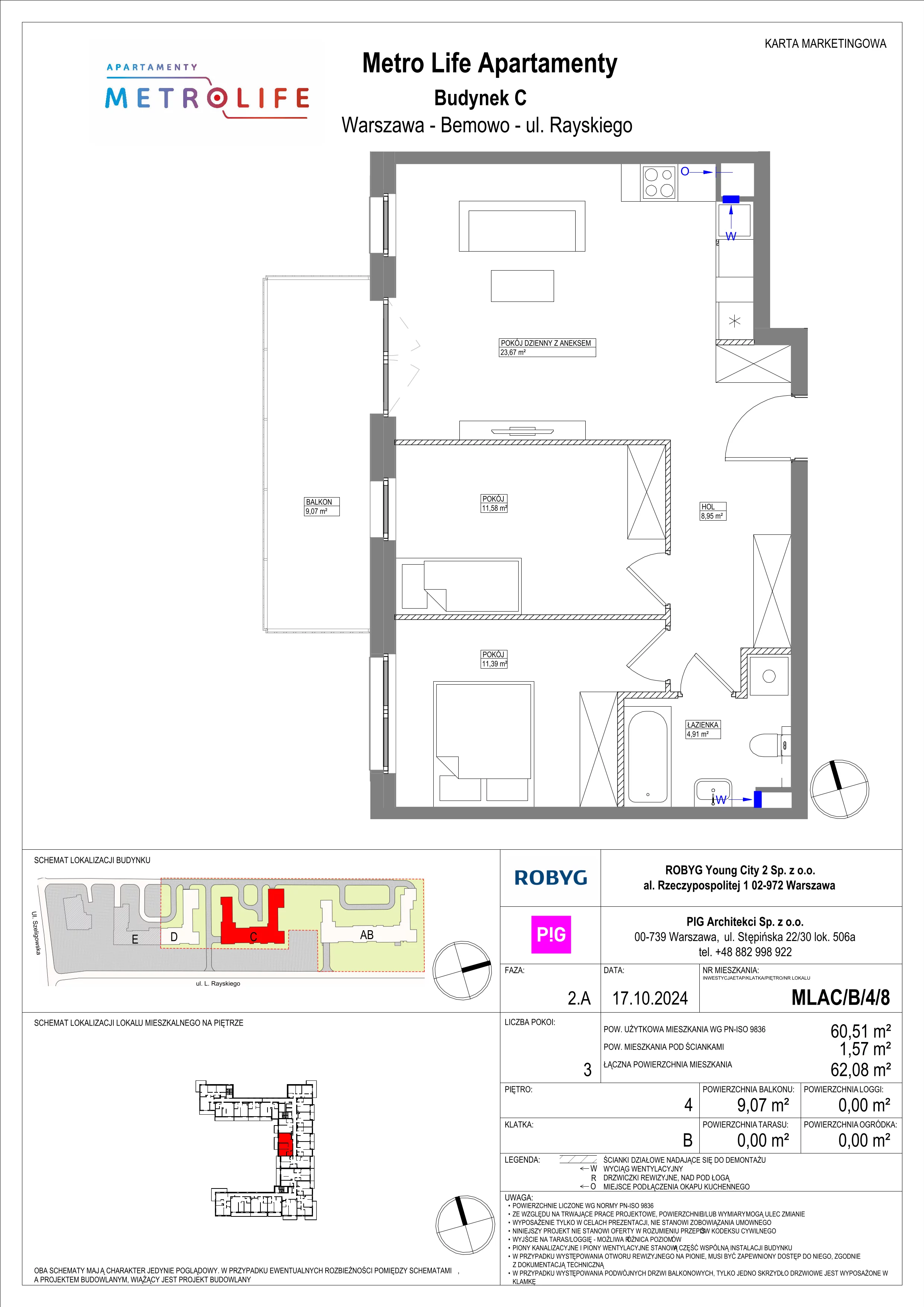 3 pokoje, mieszkanie 60,51 m², piętro 4, oferta nr MLAC/B/4/8, Metro Life Apartamenty, Warszawa, Bemowo, Chrzanów, ul. Rayskiego