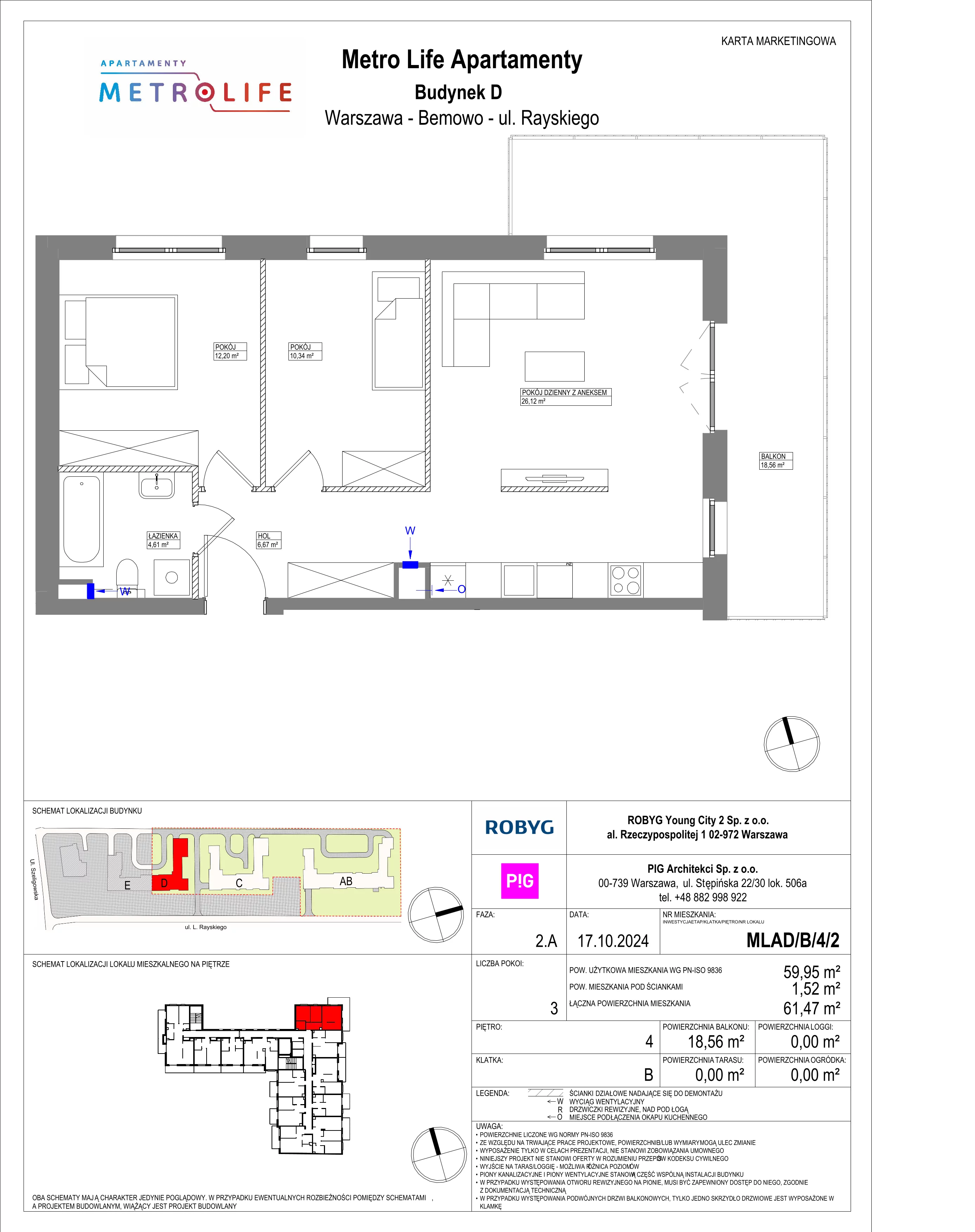 3 pokoje, mieszkanie 59,95 m², piętro 4, oferta nr MLAD/B/4/2, Metro Life Apartamenty, Warszawa, Bemowo, Chrzanów, ul. Rayskiego