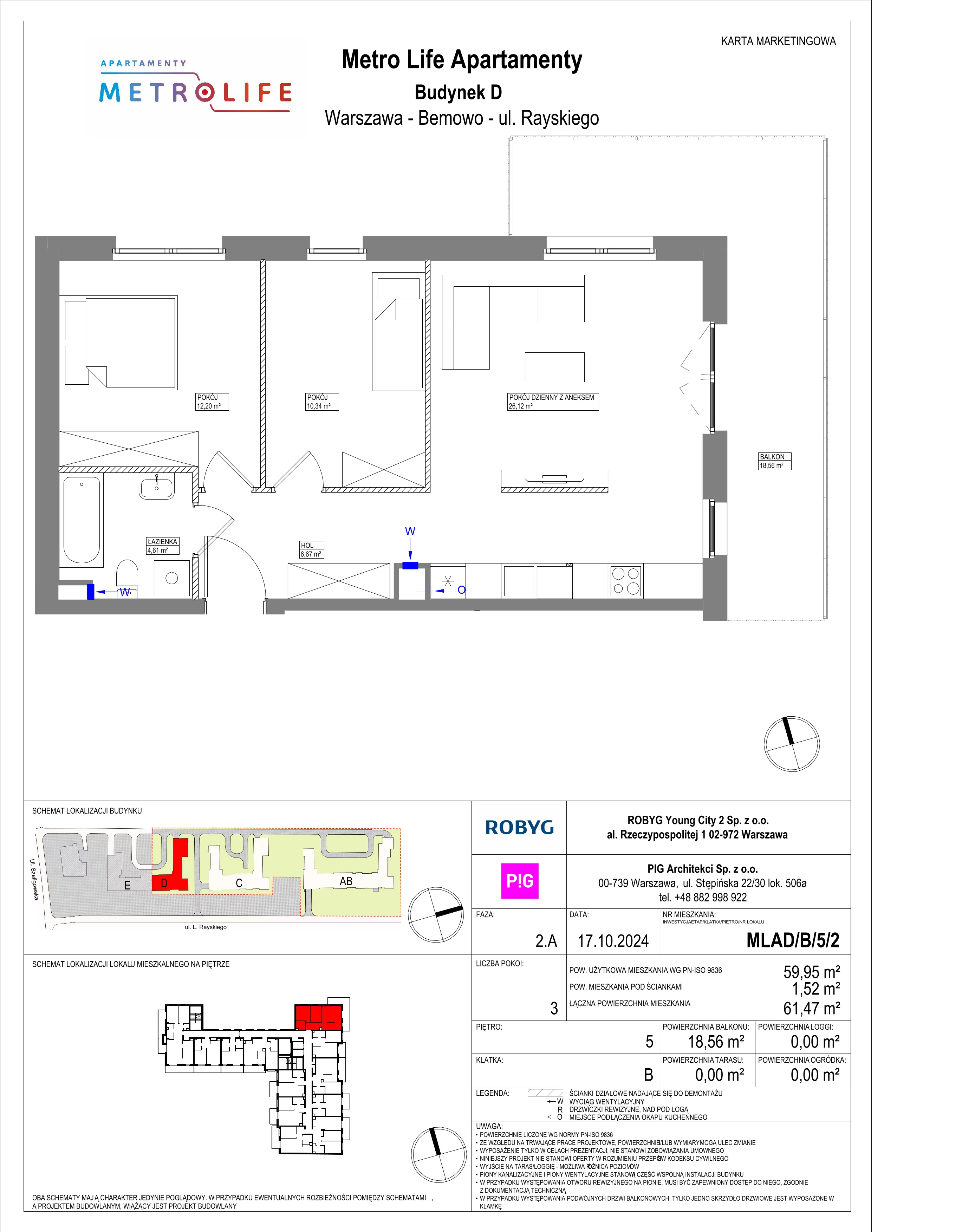 3 pokoje, mieszkanie 59,95 m², piętro 5, oferta nr MLAD/B/5/2, Metro Life Apartamenty, Warszawa, Bemowo, Chrzanów, ul. Rayskiego