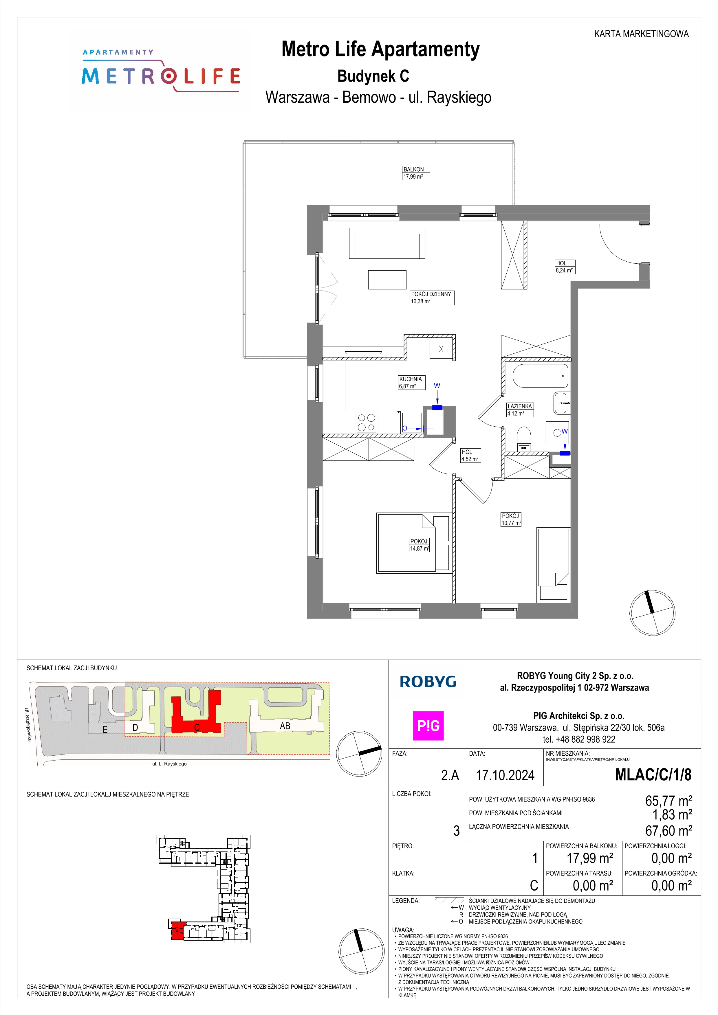 3 pokoje, mieszkanie 65,77 m², piętro 1, oferta nr MLAC/C/1/8, Metro Life Apartamenty, Warszawa, Bemowo, Chrzanów, ul. Rayskiego