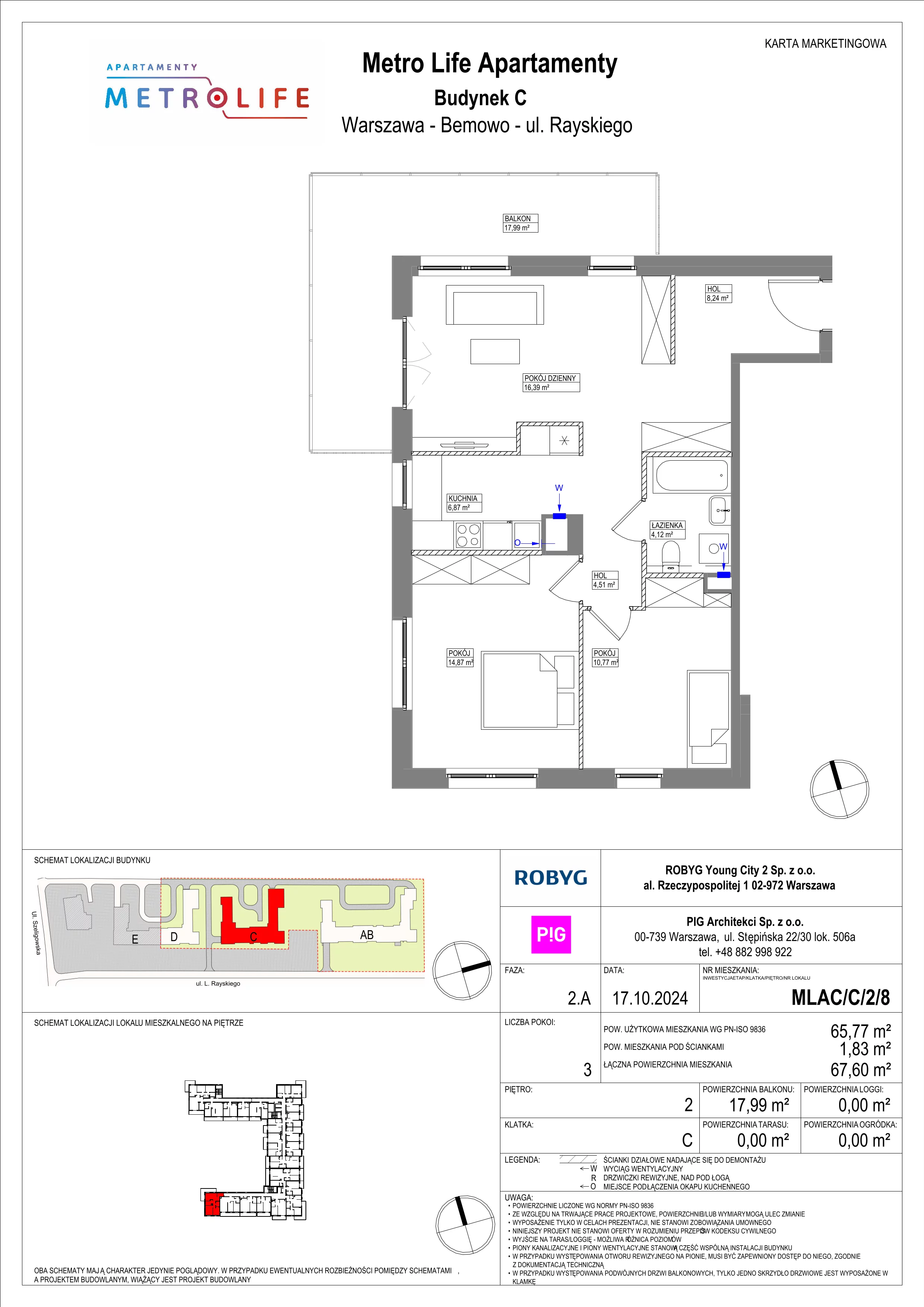 3 pokoje, mieszkanie 65,77 m², piętro 2, oferta nr MLAC/C/2/8, Metro Life Apartamenty, Warszawa, Bemowo, Chrzanów, ul. Rayskiego