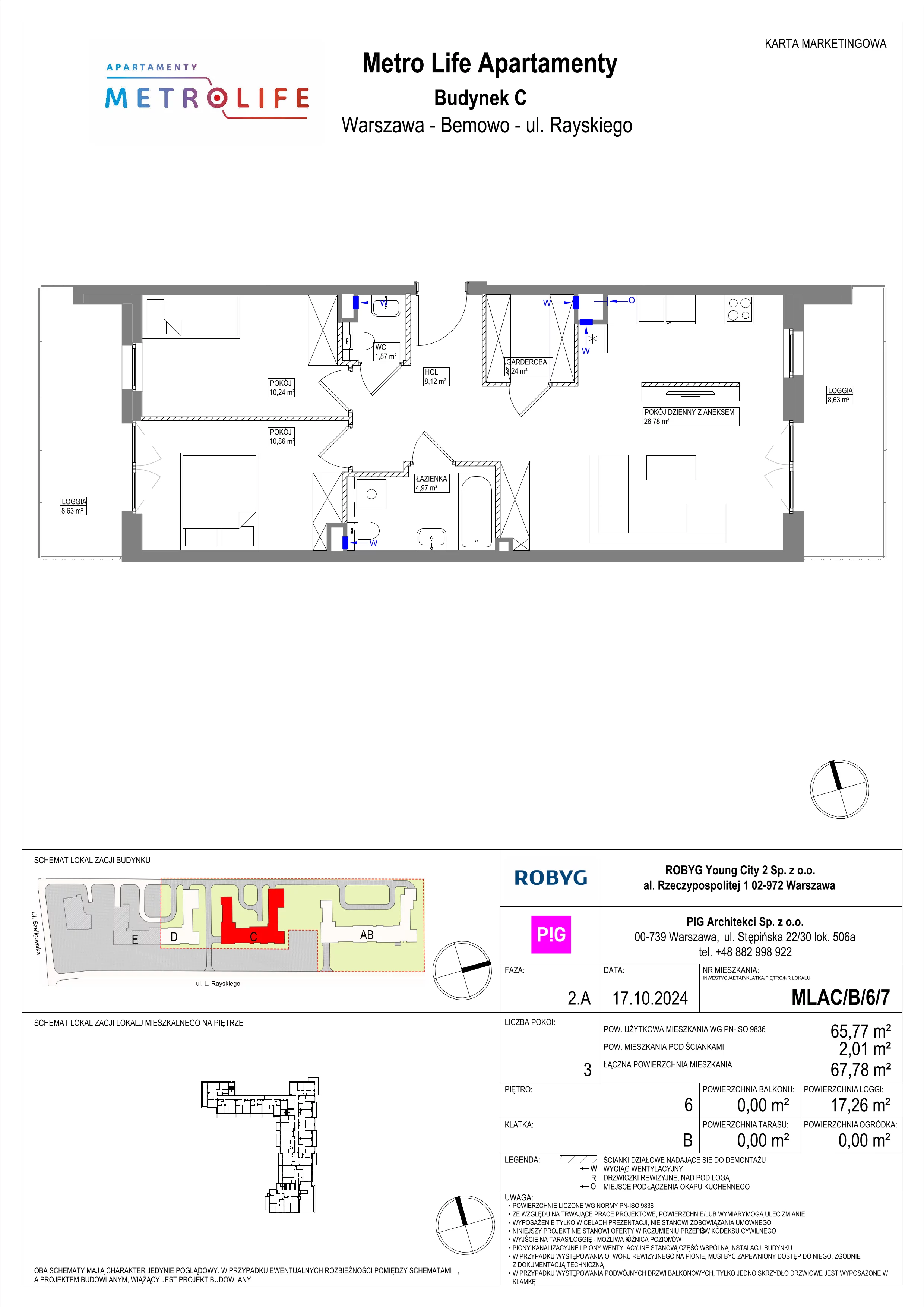 3 pokoje, mieszkanie 65,77 m², piętro 6, oferta nr MLAC/B/6/7, Metro Life Apartamenty, Warszawa, Bemowo, Chrzanów, ul. Rayskiego
