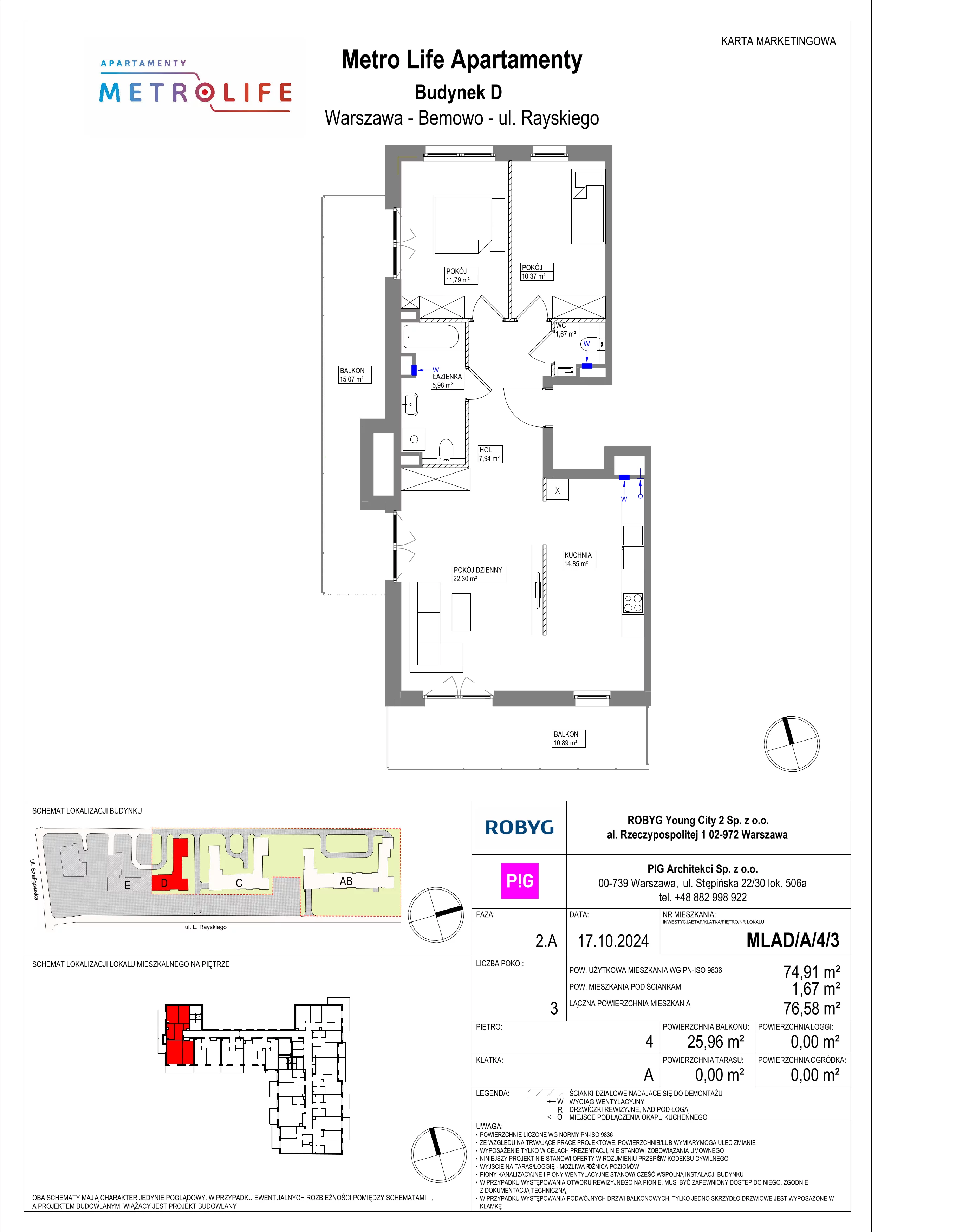 3 pokoje, mieszkanie 74,91 m², piętro 4, oferta nr MLAD/A/4/3, Metro Life Apartamenty, Warszawa, Bemowo, Chrzanów, ul. Rayskiego