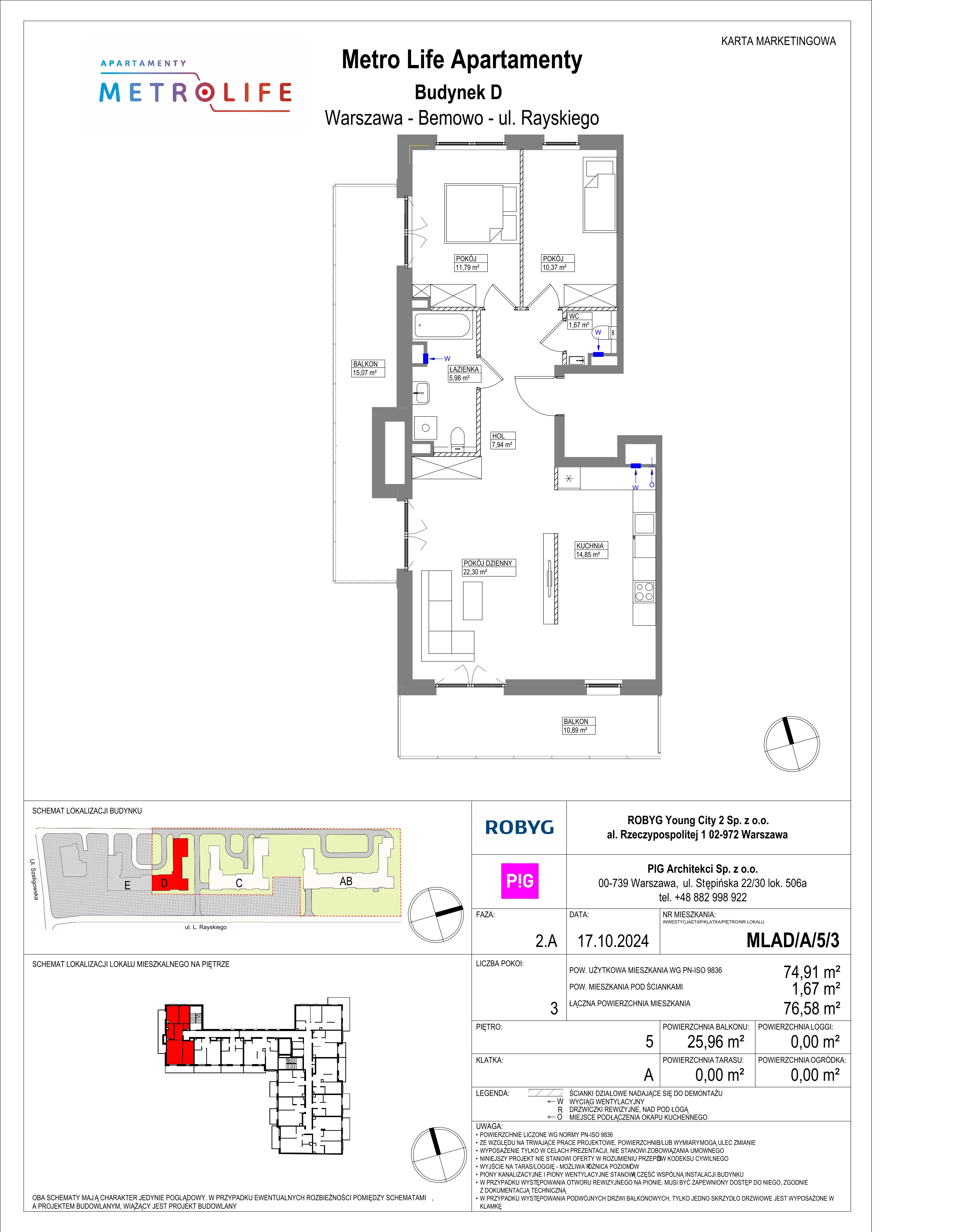 3 pokoje, mieszkanie 74,91 m², piętro 5, oferta nr MLAD/A/5/3, Metro Life Apartamenty, Warszawa, Bemowo, Chrzanów, ul. Rayskiego