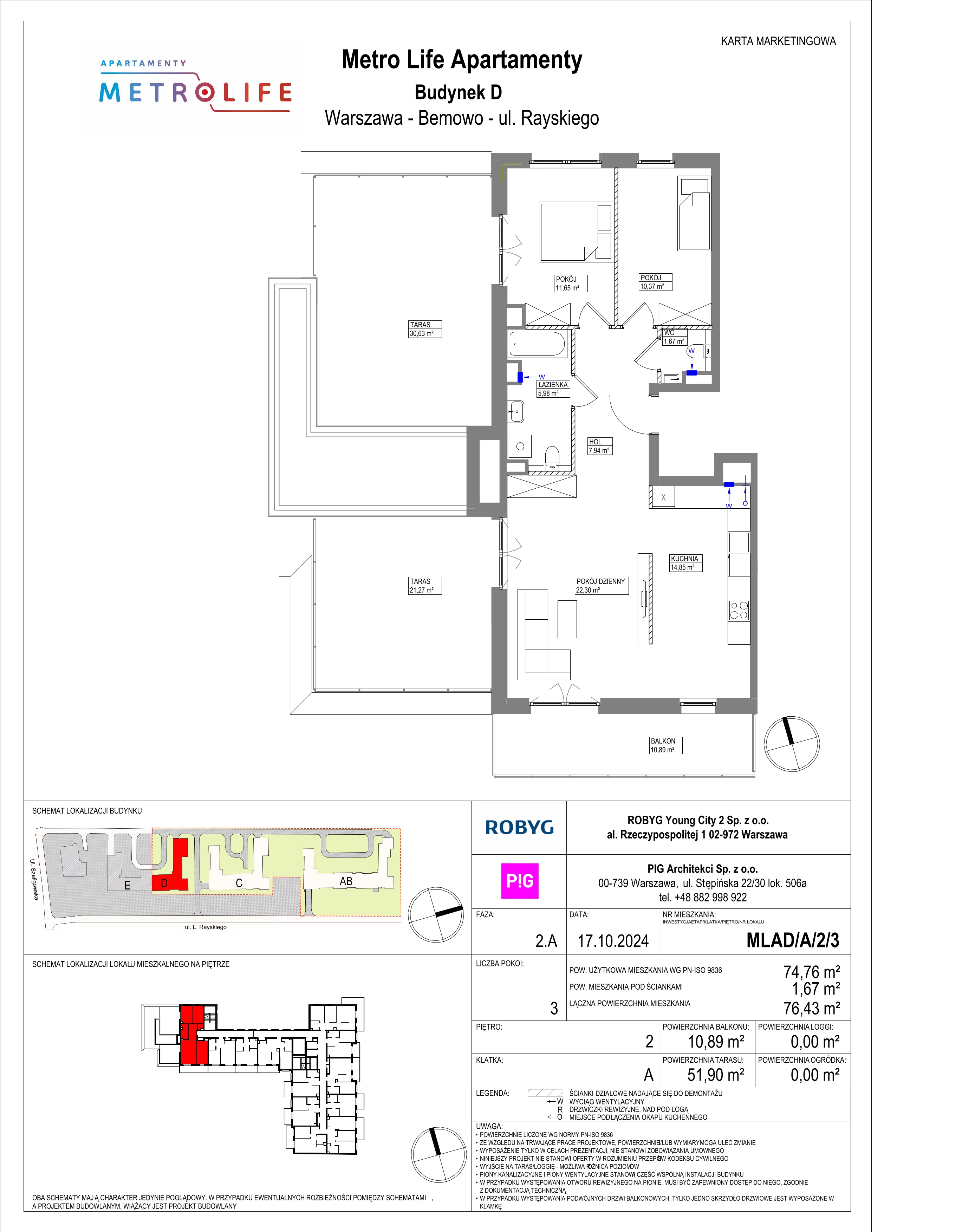 3 pokoje, mieszkanie 74,76 m², piętro 2, oferta nr MLAD/A/2/3, Metro Life Apartamenty, Warszawa, Bemowo, Chrzanów, ul. Rayskiego