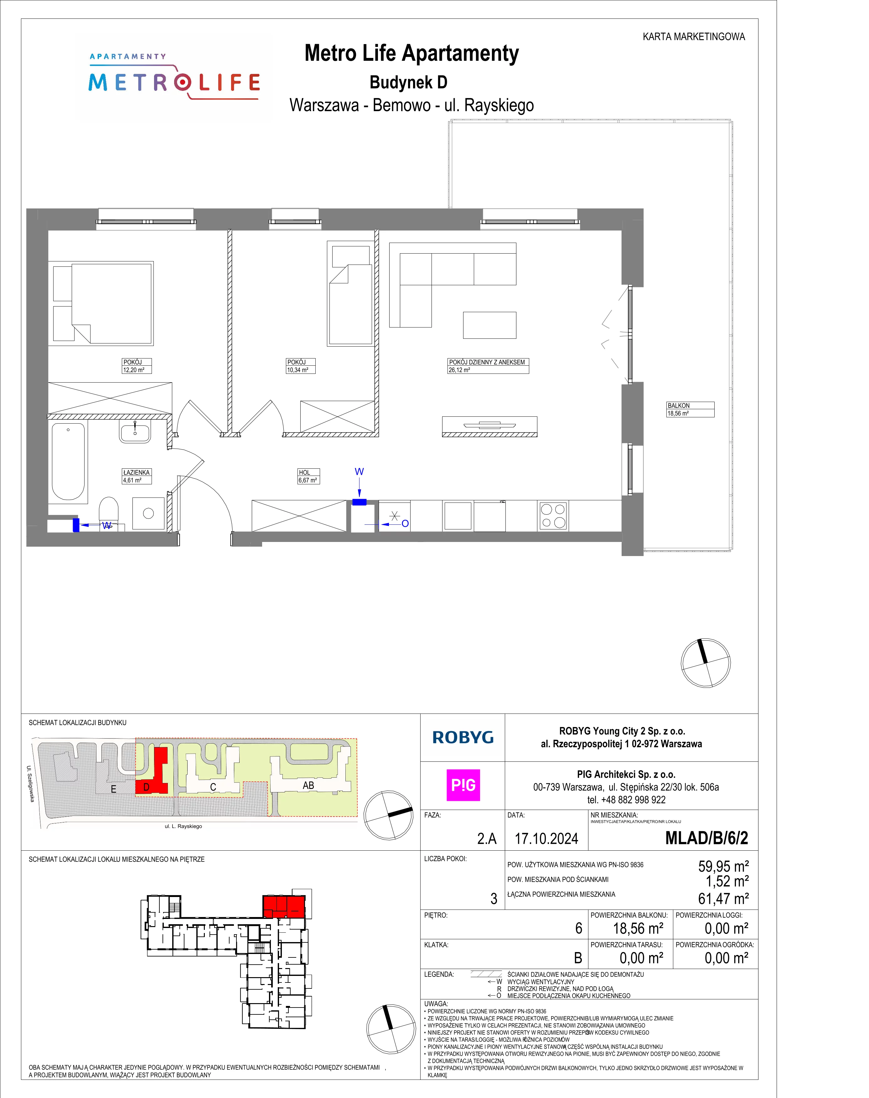 3 pokoje, mieszkanie 59,95 m², piętro 6, oferta nr MLAD/B/6/2, Metro Life Apartamenty CD, Warszawa, Bemowo, Chrzanów, ul. Rayskiego
