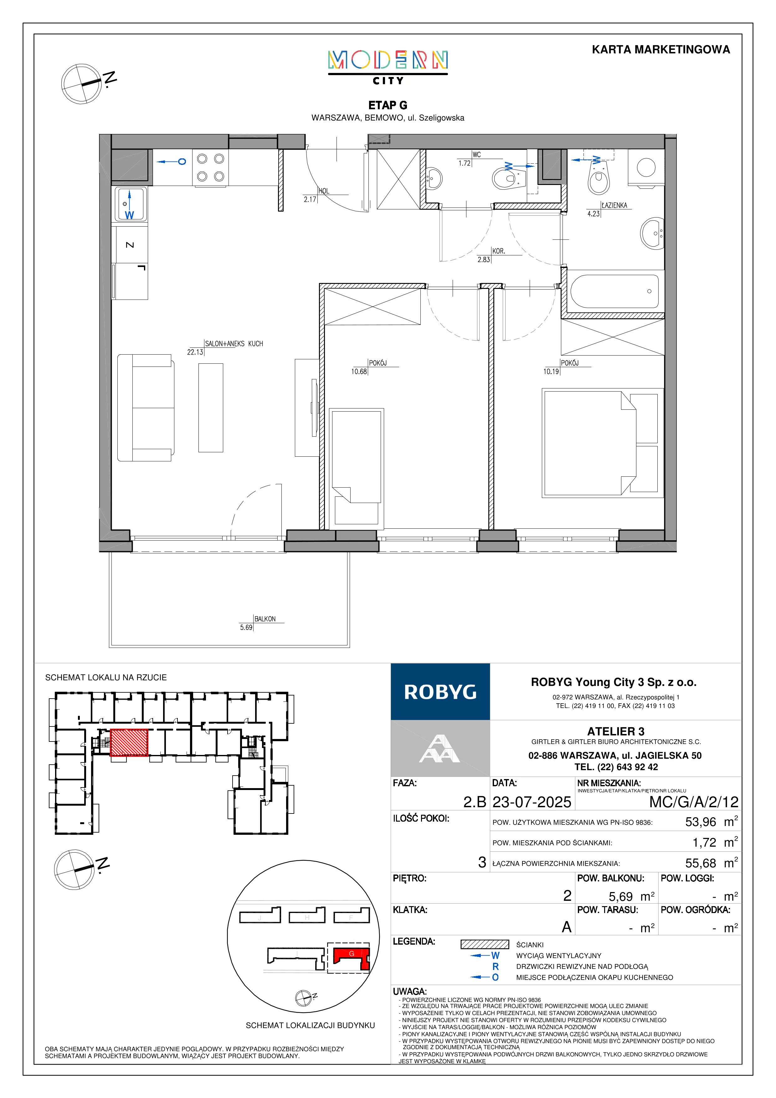 3 pokoje, mieszkanie 53,96 m², piętro 2, oferta nr MC/G/A/2/12, Modern City etap G, Warszawa, Bemowo, Chrzanów, ul. Szeligowska