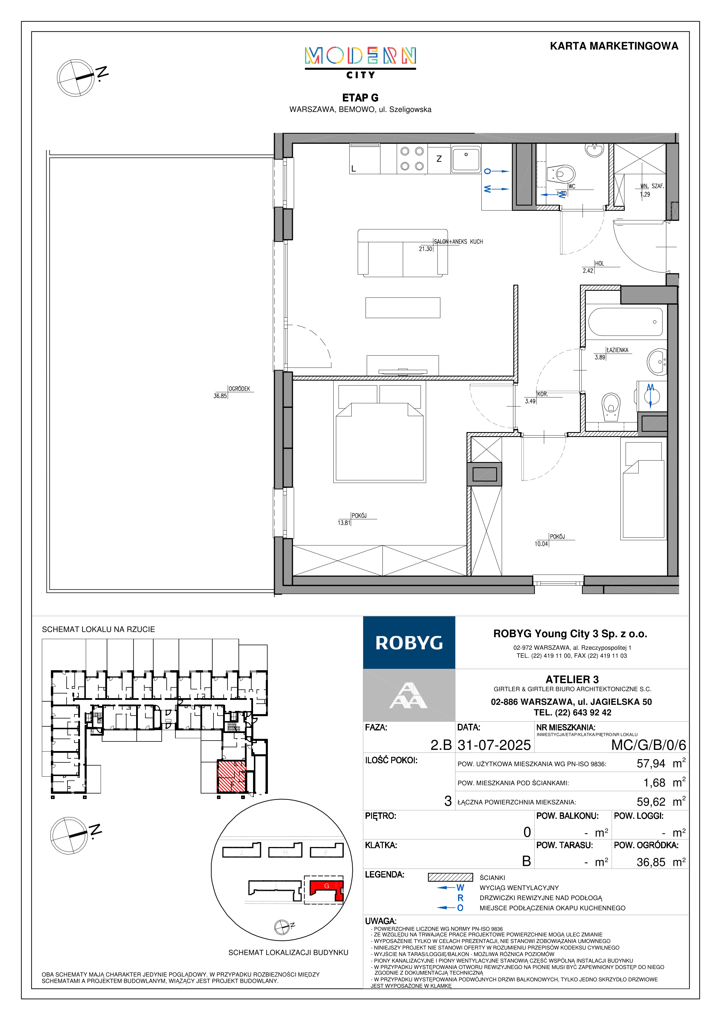 3 pokoje, mieszkanie 57,94 m², parter, oferta nr MC/G/B/0/6, Modern City etap G, Warszawa, Bemowo, Chrzanów, ul. Szeligowska