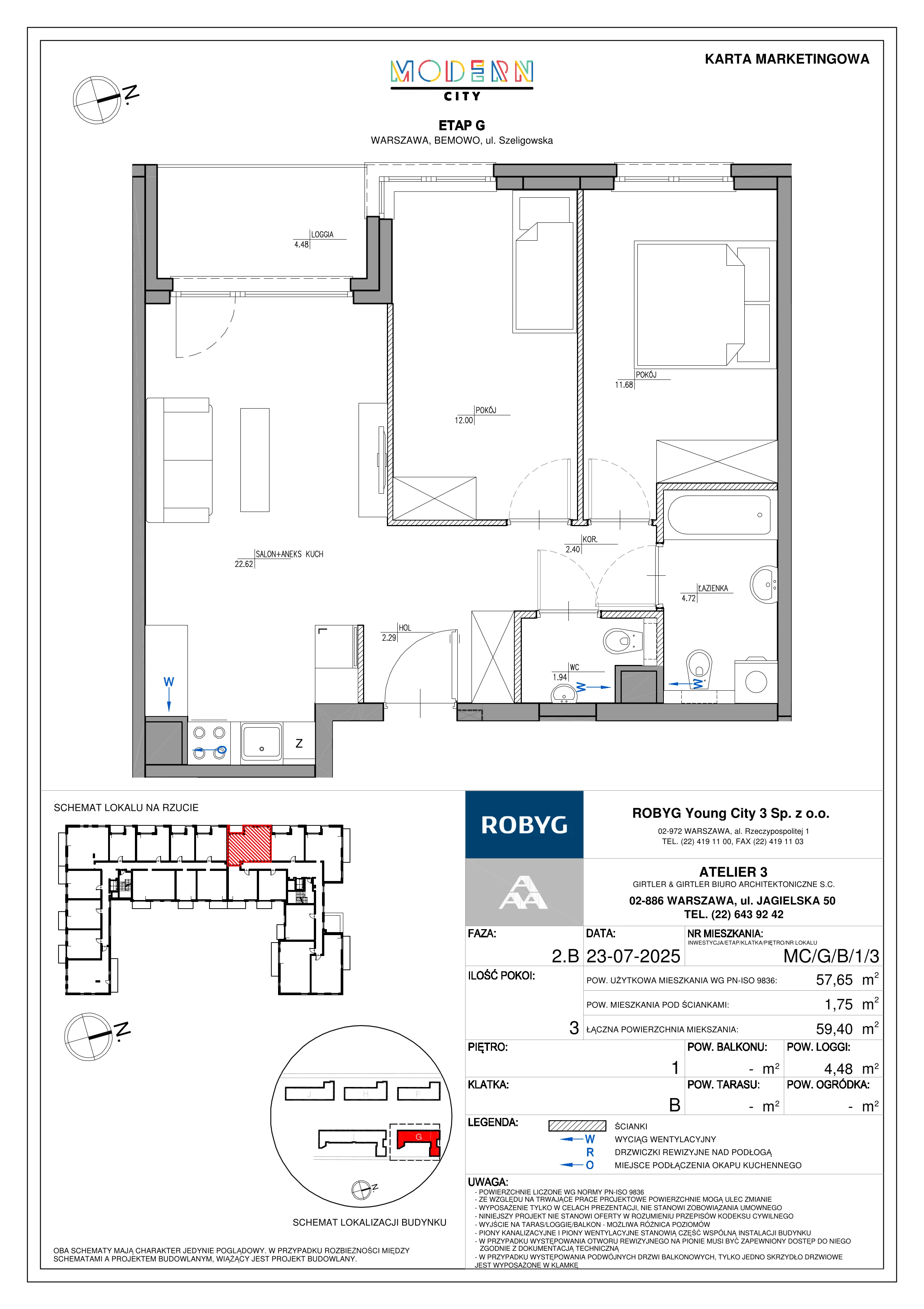 3 pokoje, mieszkanie 57,65 m², piętro 1, oferta nr MC/G/B/1/3, Modern City etap G, Warszawa, Bemowo, Chrzanów, ul. Szeligowska