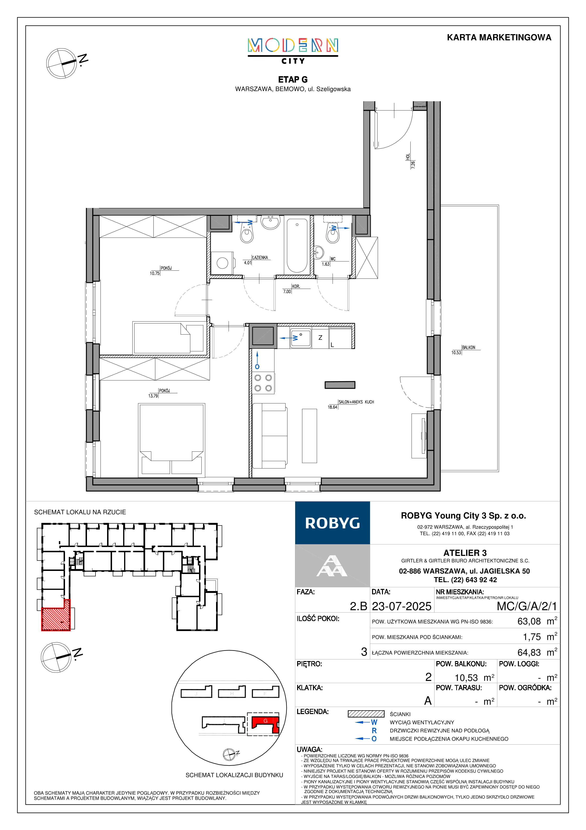 3 pokoje, mieszkanie 63,08 m², piętro 2, oferta nr MC/G/A/2/1, Modern City etap G, Warszawa, Bemowo, Chrzanów, ul. Szeligowska