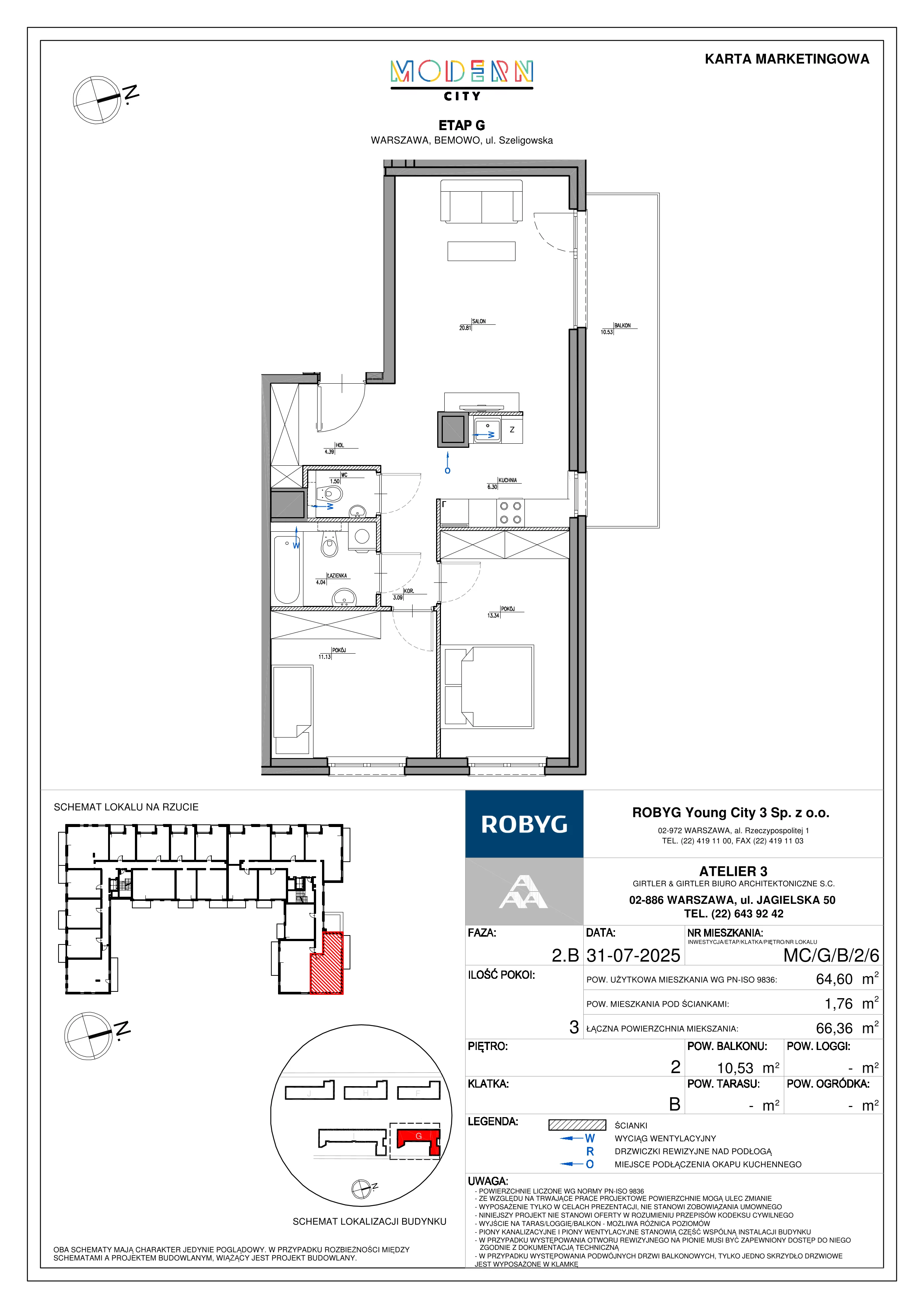 3 pokoje, mieszkanie 64,60 m², piętro 2, oferta nr MC/G/B/2/6, Modern City etap G, Warszawa, Bemowo, Chrzanów, ul. Szeligowska