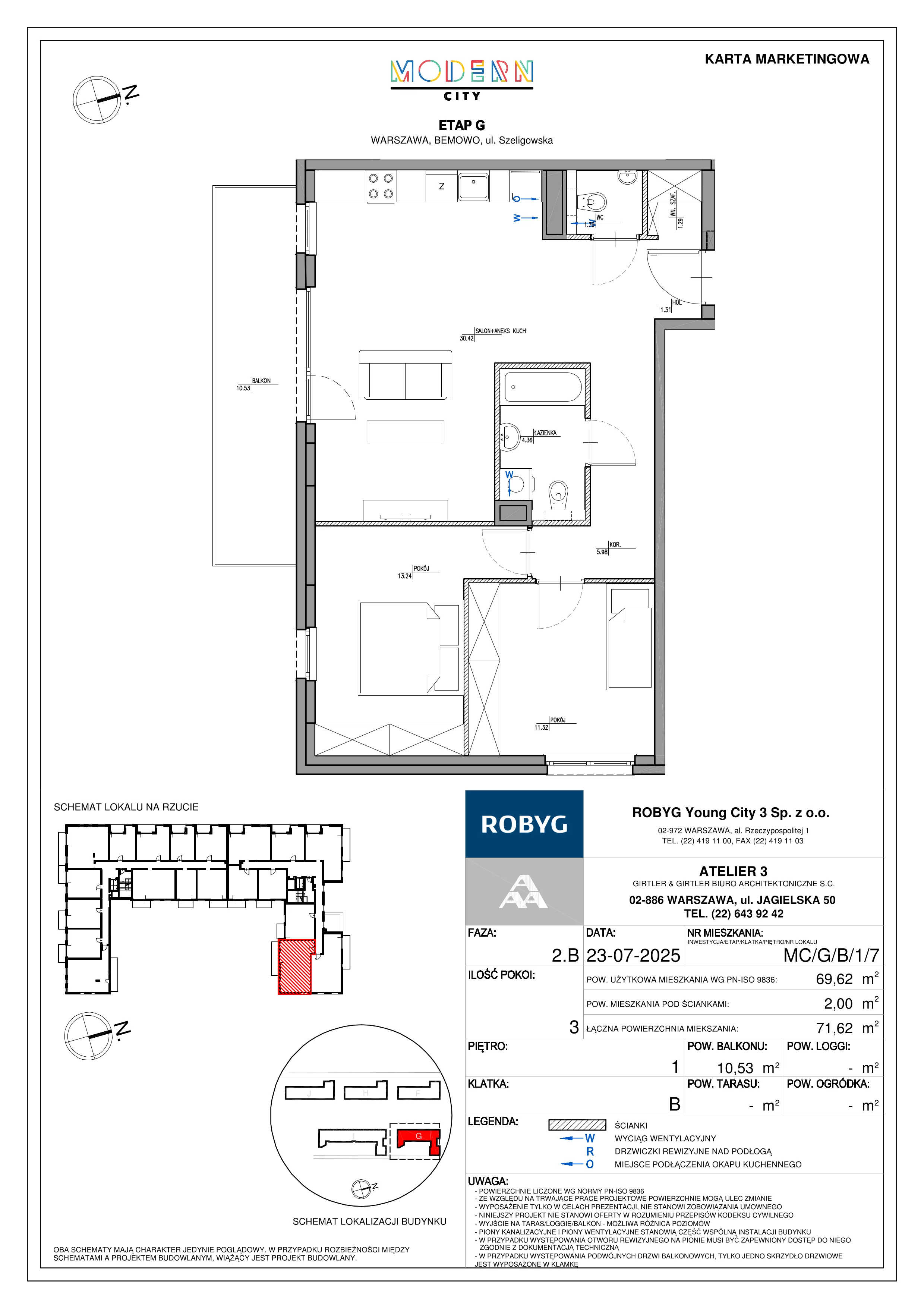 3 pokoje, mieszkanie 69,62 m², piętro 1, oferta nr MC/G/B/1/7, Modern City etap G, Warszawa, Bemowo, Chrzanów, ul. Szeligowska