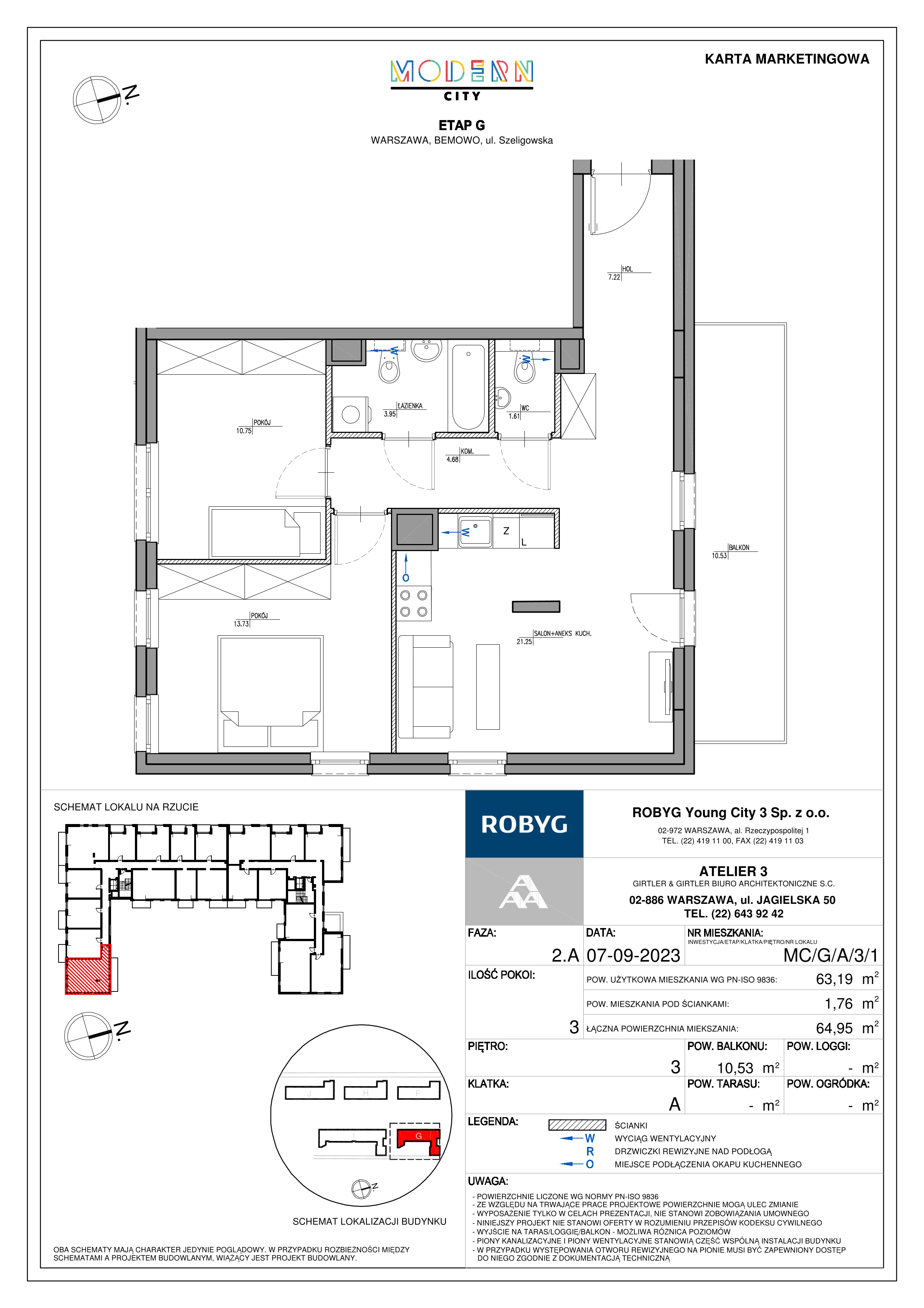 3 pokoje, mieszkanie 63,08 m², piętro 3, oferta nr MC/G/A/3/1, Modern City etap G, Warszawa, Bemowo, Chrzanów, ul. Szeligowska