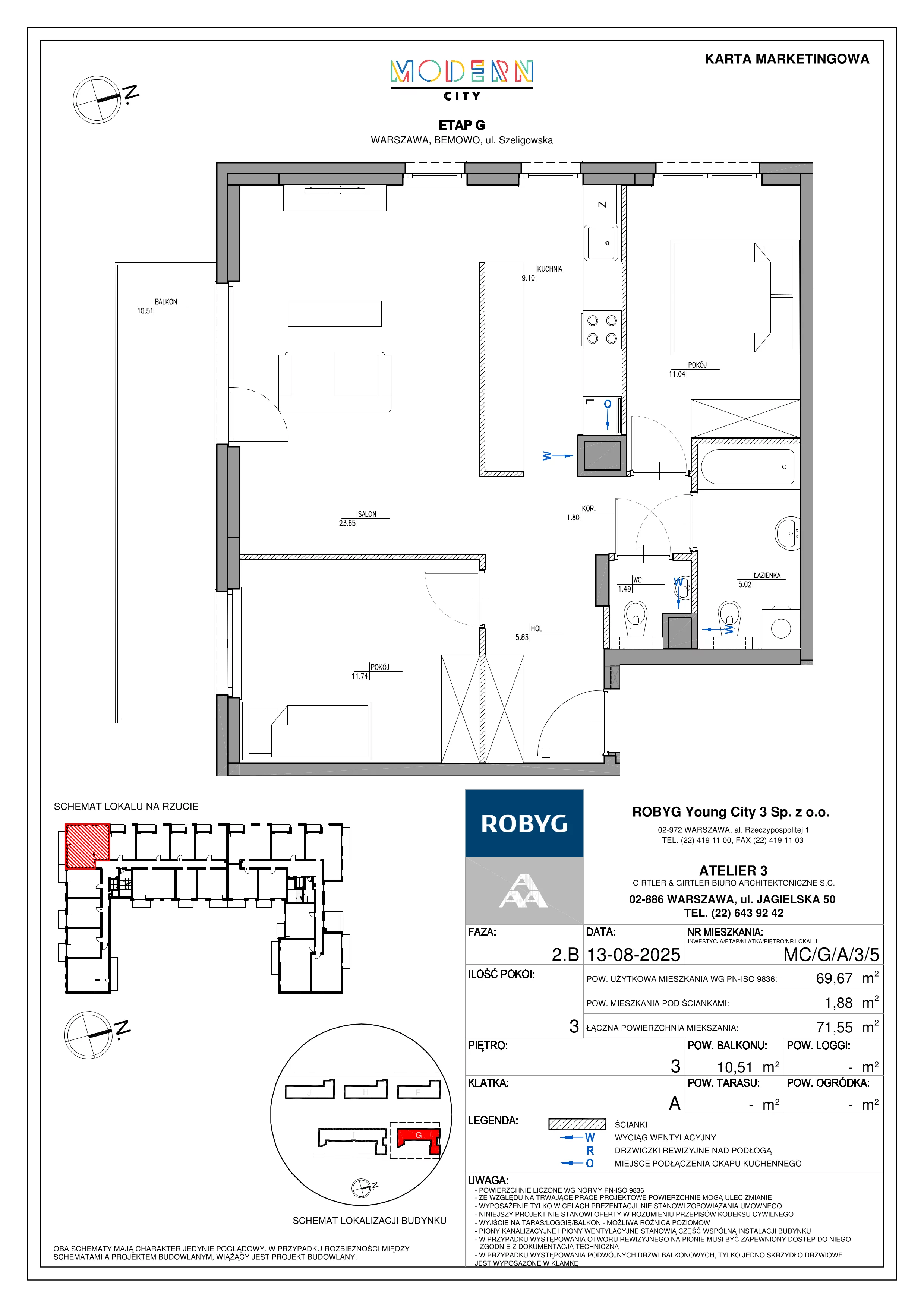 3 pokoje, mieszkanie 69,67 m², piętro 3, oferta nr MC/G/A/3/5, Modern City etap G, Warszawa, Bemowo, Chrzanów, ul. Szeligowska