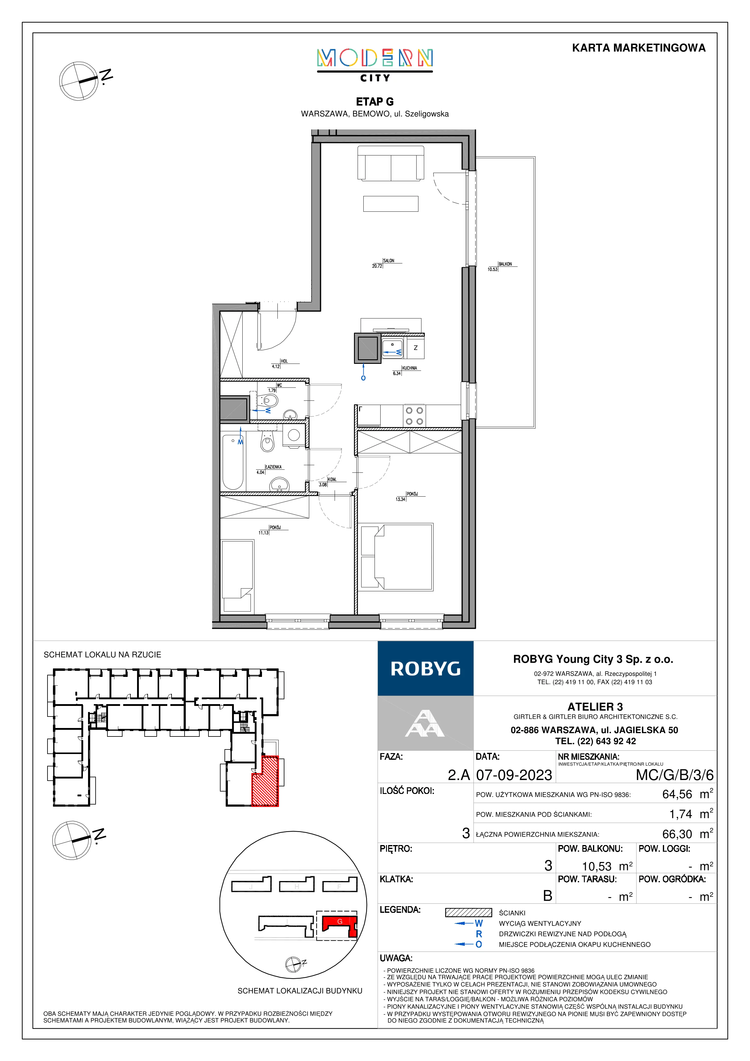 3 pokoje, mieszkanie 64,60 m², piętro 3, oferta nr MC/G/B/3/6, Modern City etap G, Warszawa, Bemowo, Chrzanów, ul. Szeligowska