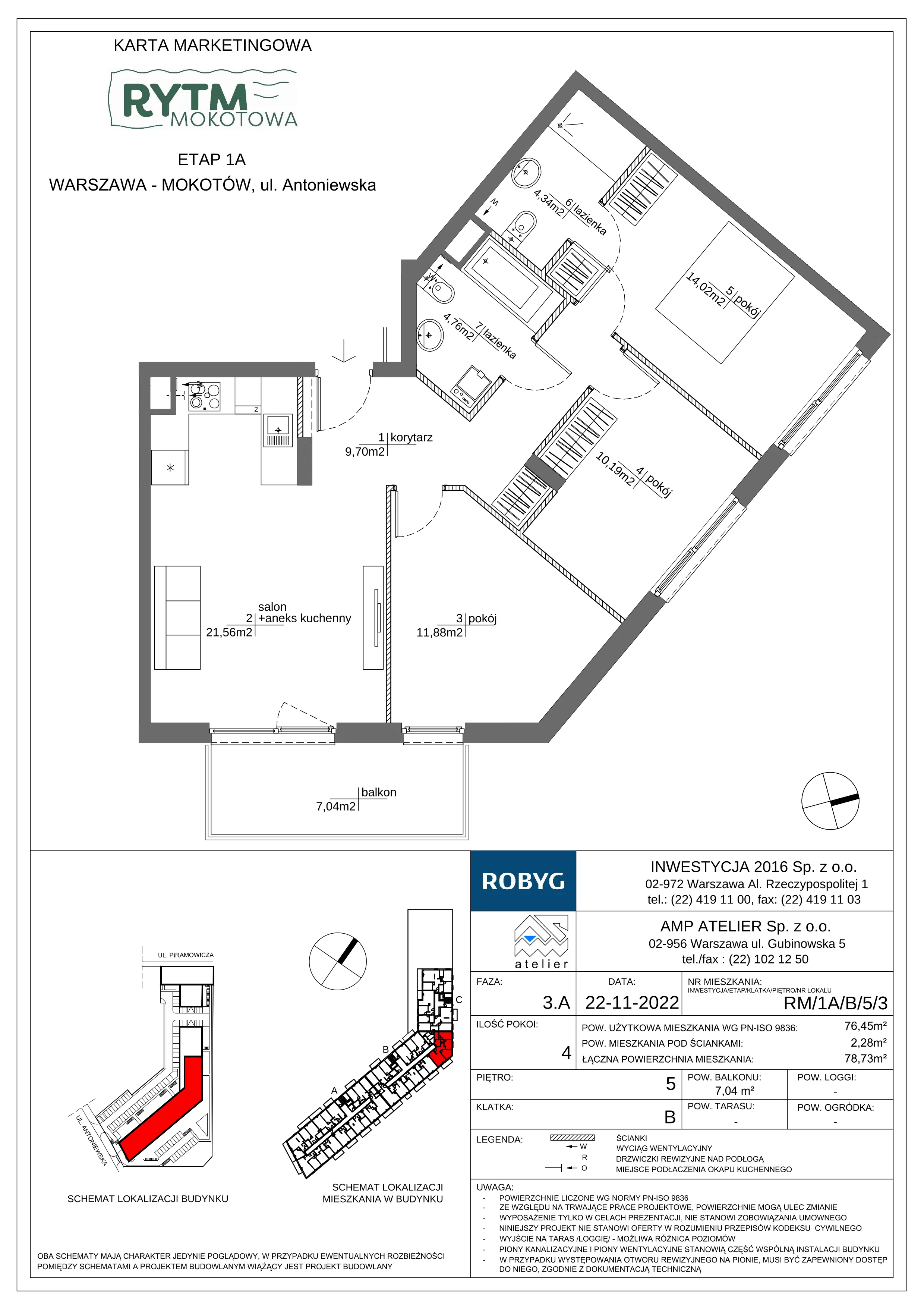 4 pokoje, mieszkanie 76,45 m², piętro 5, oferta nr RM/1A/B/5/3, Rytm Mokotowa, Warszawa, Mokotów, Augustówka, ul. Antoniewska / Piramowicza