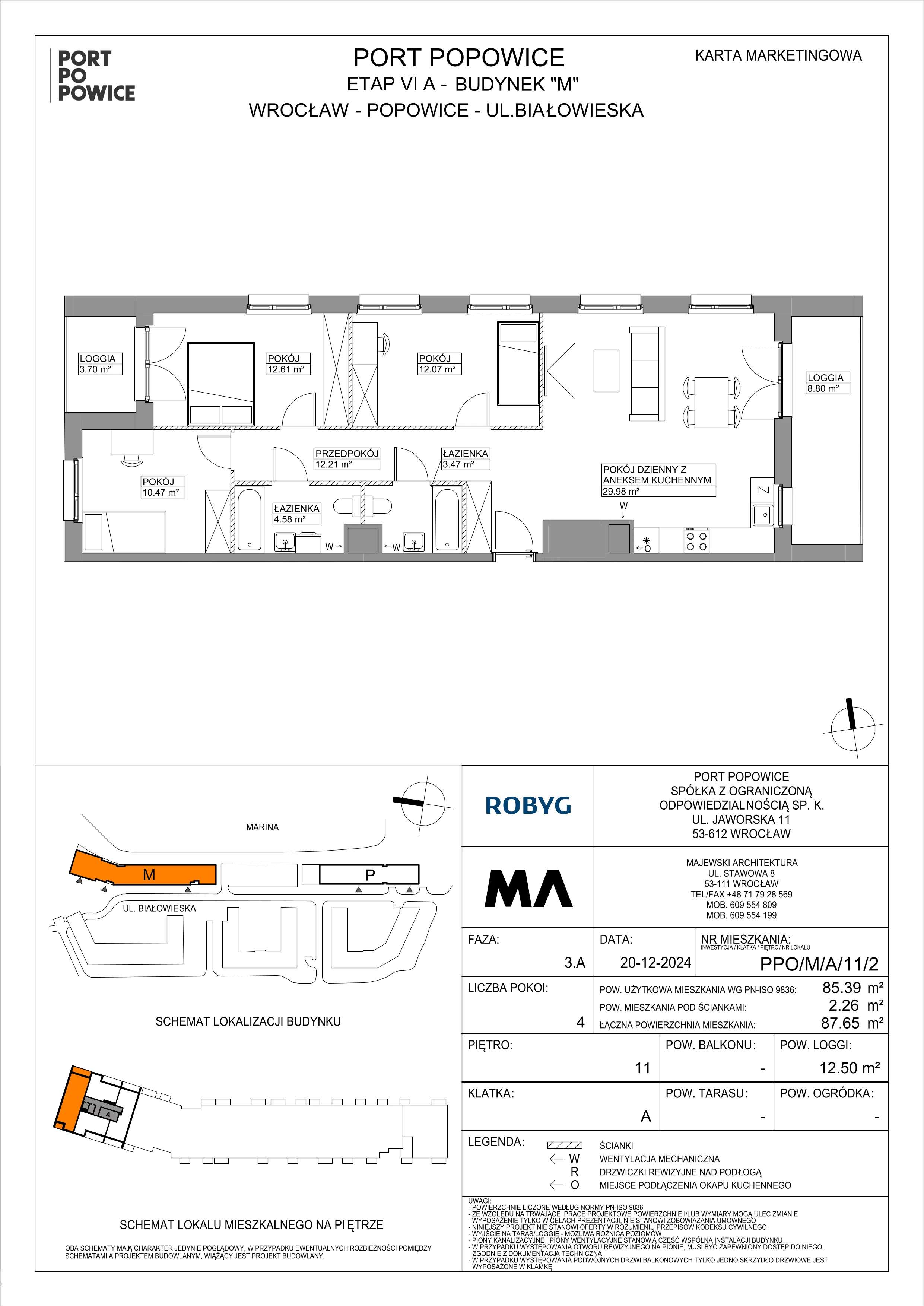 4 pokoje, mieszkanie 85,39 m², piętro 11, oferta nr PPO/M/A/11/2, Port Popowice IVa, Wrocław, Pilczyce-Kozanów-Popowice Północne, Popowice, ul. Białowieska