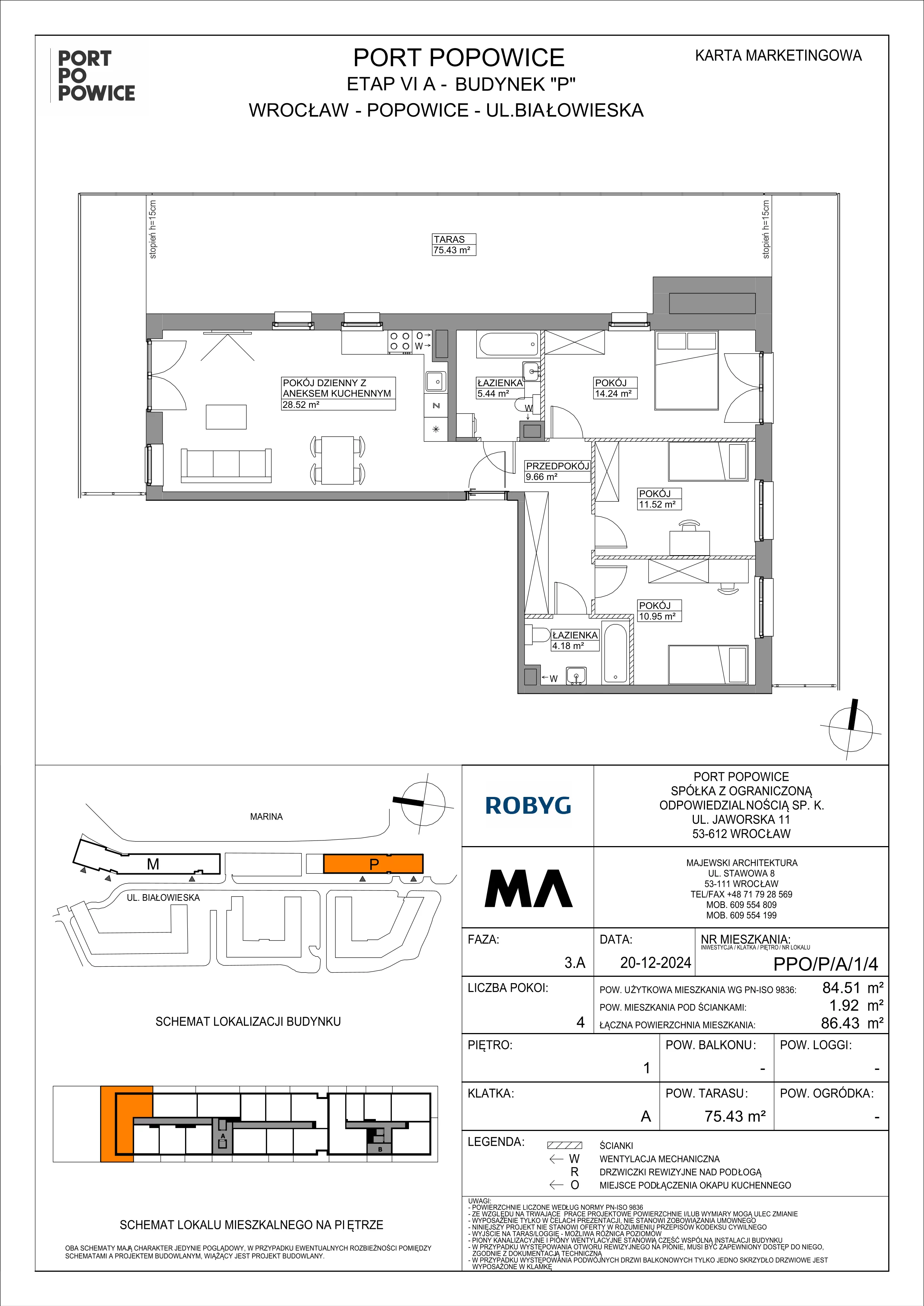 4 pokoje, mieszkanie 84,51 m², piętro 1, oferta nr PPO/P/A/1/4, Port Popowice IVa, Wrocław, Pilczyce-Kozanów-Popowice Północne, Popowice, ul. Białowieska