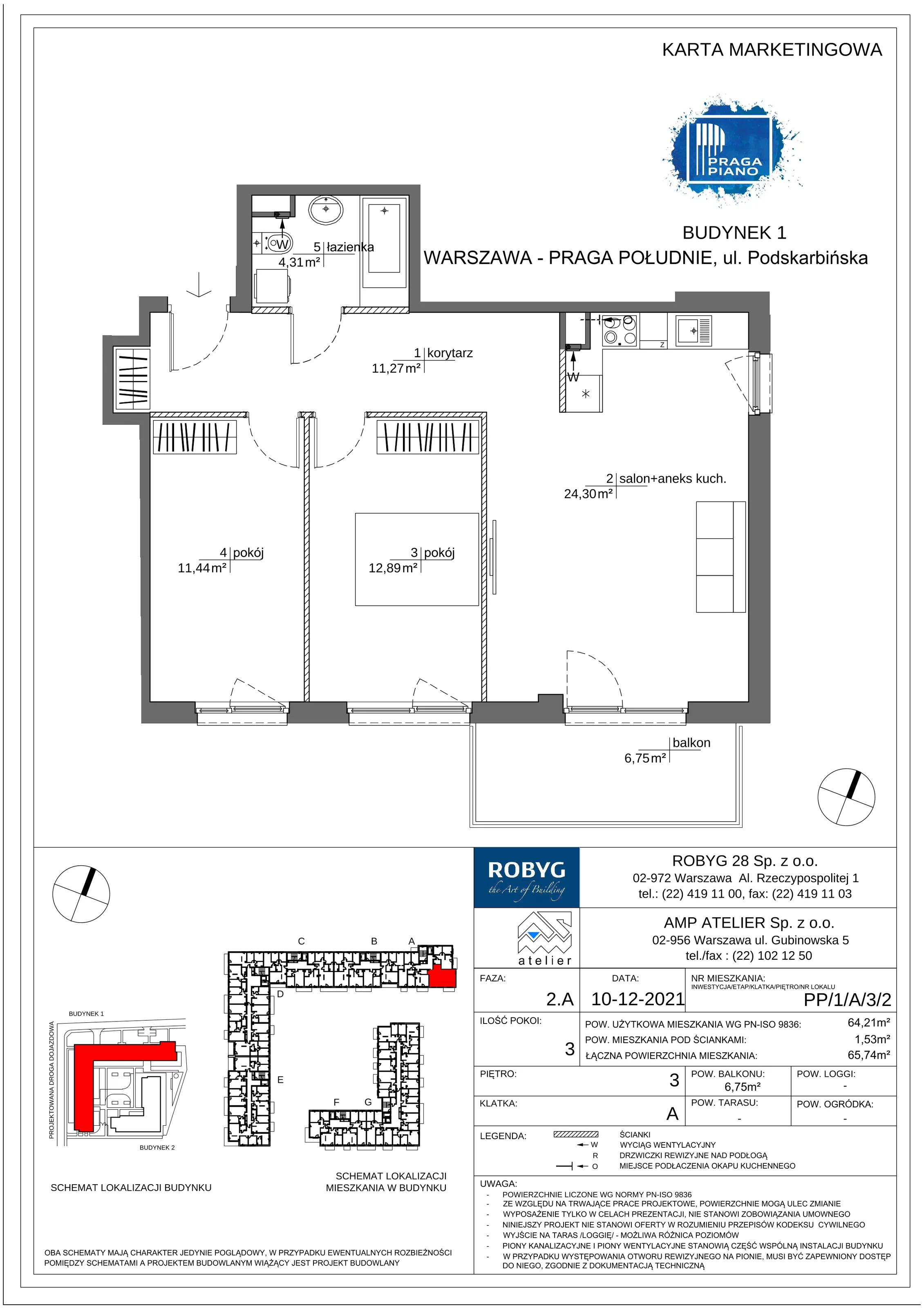 Mieszkanie 64,21 m², piętro 3, oferta nr PP/1/A/3/2, Praga Piano, Warszawa, Praga Południe, Kamionek, ul. Podskarbińska