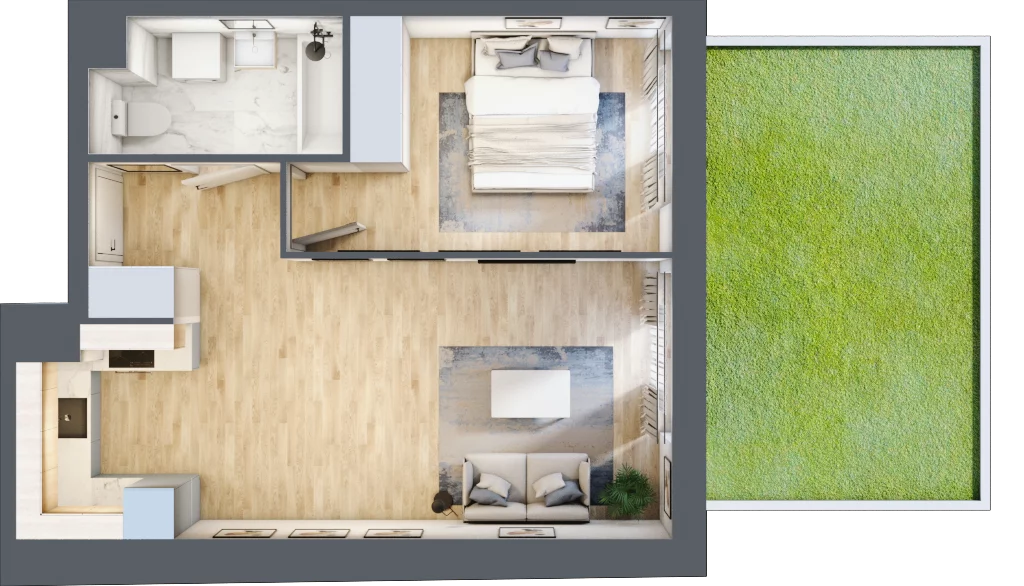 2 pokoje, mieszkanie 43,09 m², parter, oferta nr PT/C/0/5, Przystanek Tarnogaj, Wrocław, Tarnogaj, Krzyki, ul. Międzyleska / Gazowa