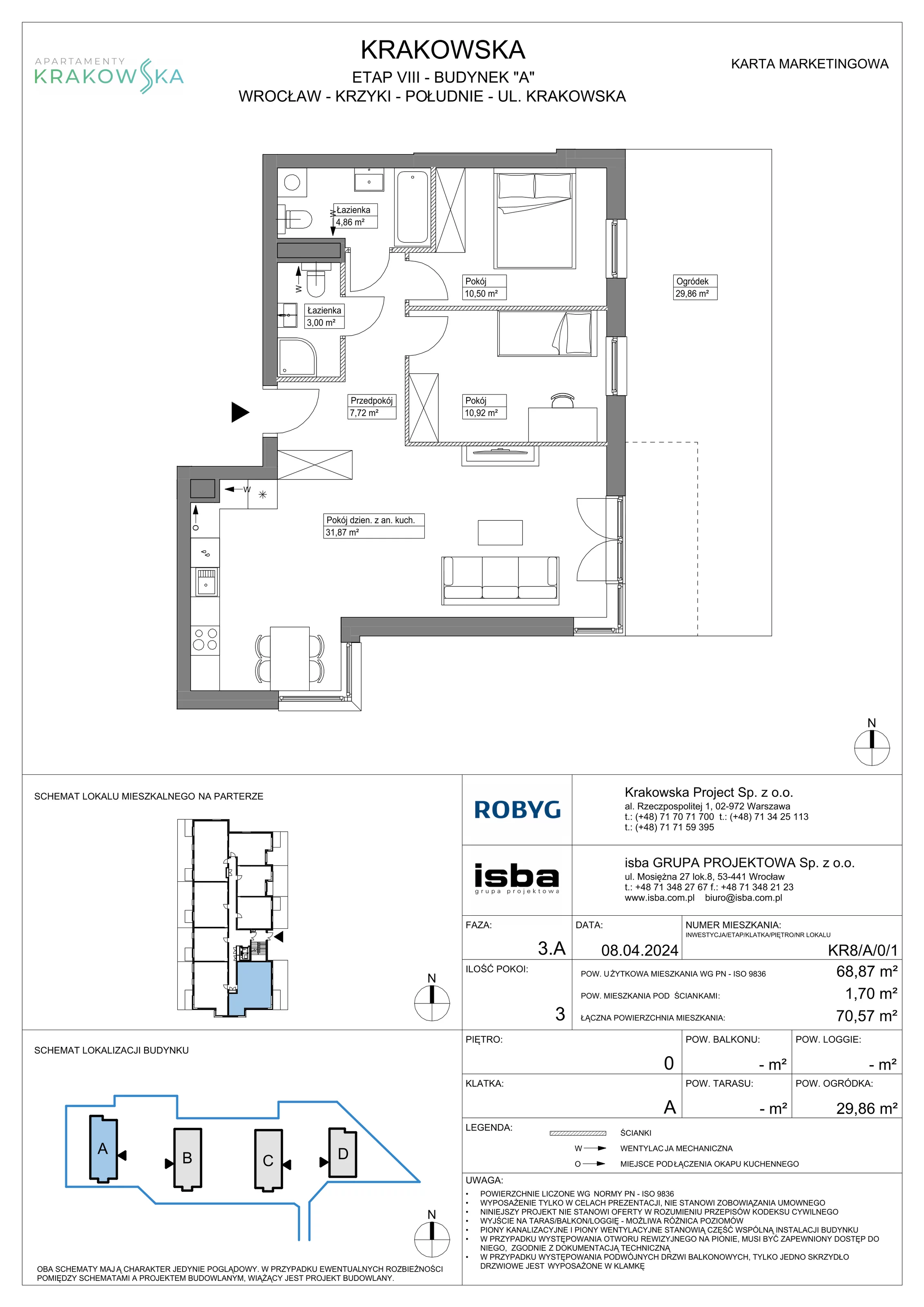 3 pokoje, mieszkanie 68,87 m², parter, oferta nr KR8/A/0/1, Apartamenty Krakowska, Wrocław, Przedmieście Oławskie, Krzyki, ul. Krakowska