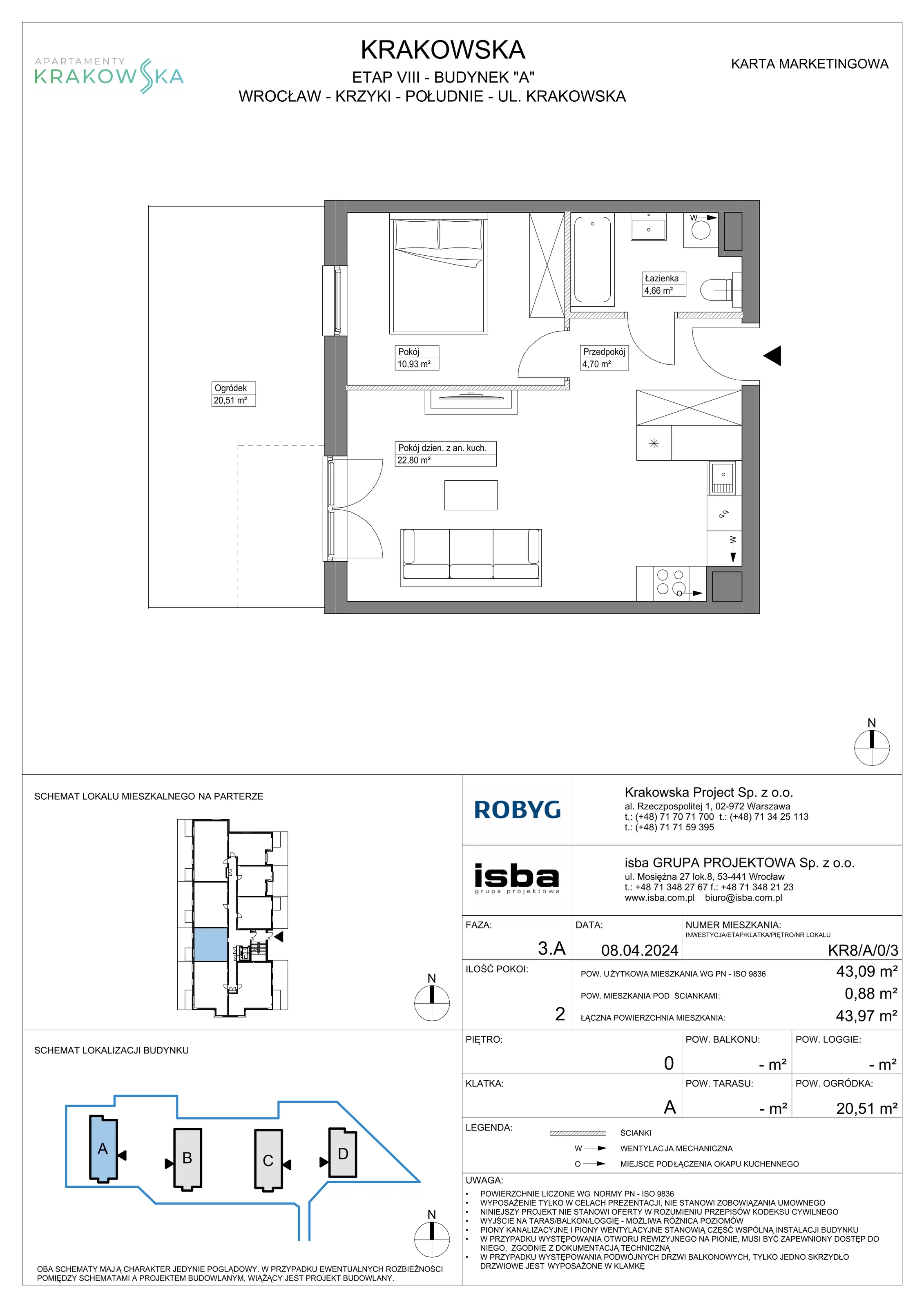 2 pokoje, mieszkanie 43,09 m², parter, oferta nr KR8/A/0/3, Apartamenty Krakowska, Wrocław, Przedmieście Oławskie, Krzyki, ul. Krakowska