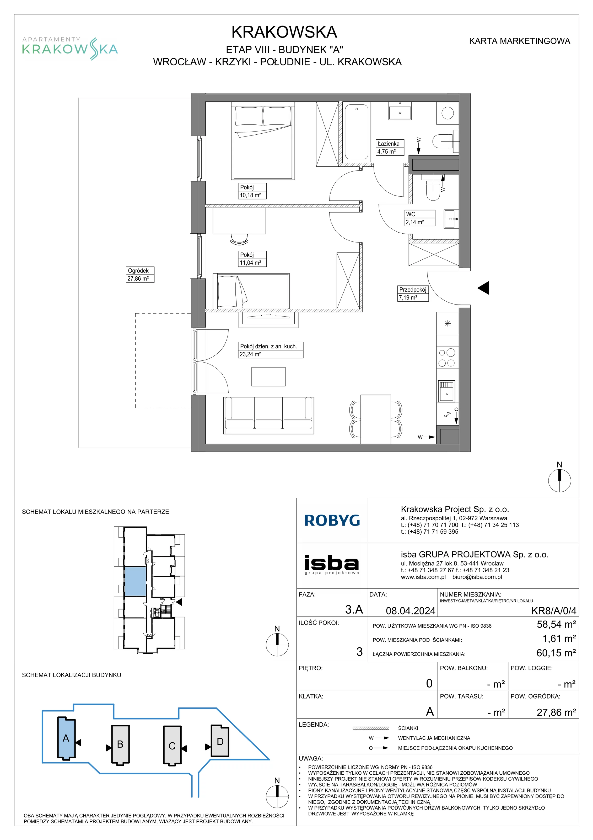 3 pokoje, mieszkanie 58,54 m², parter, oferta nr KR8/A/0/4, Apartamenty Krakowska, Wrocław, Przedmieście Oławskie, Krzyki, ul. Krakowska