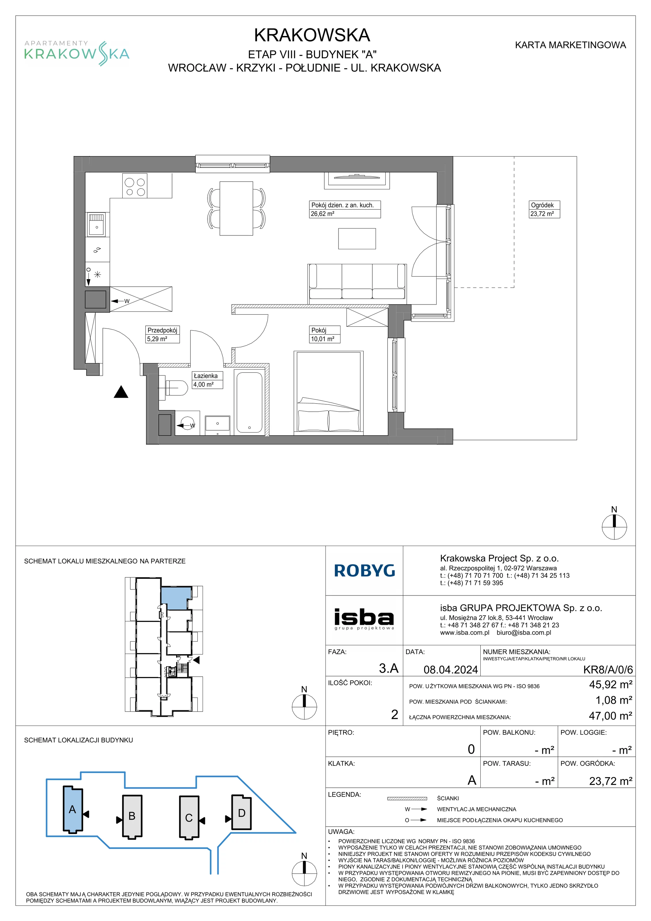 2 pokoje, mieszkanie 45,92 m², parter, oferta nr KR8/A/0/6, Apartamenty Krakowska, Wrocław, Przedmieście Oławskie, Krzyki, ul. Krakowska