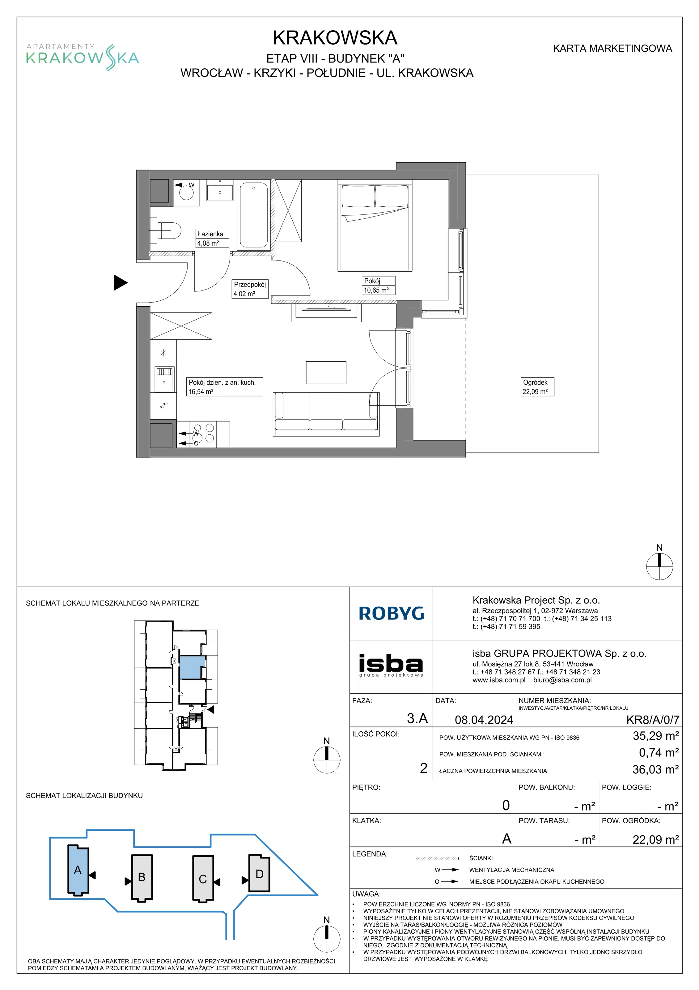 Mieszkanie 35,29 m², parter, oferta nr KR8/A/0/7, Apartamenty Krakowska, Wrocław, Przedmieście Oławskie, Krzyki, ul. Krakowska