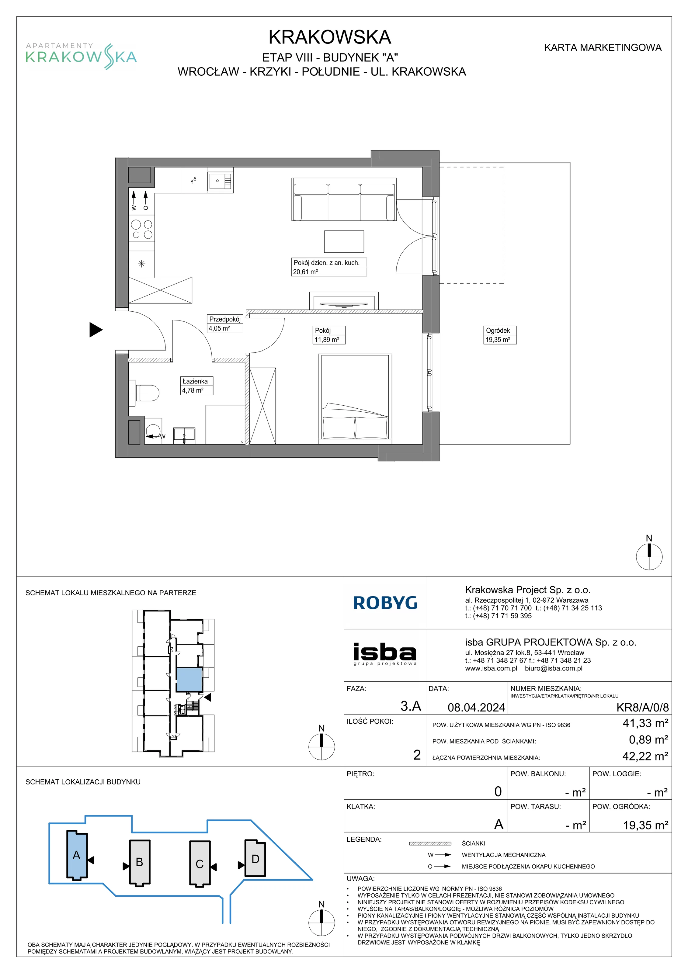 2 pokoje, mieszkanie 41,33 m², parter, oferta nr KR8/A/0/8, Apartamenty Krakowska, Wrocław, Przedmieście Oławskie, Krzyki, ul. Krakowska