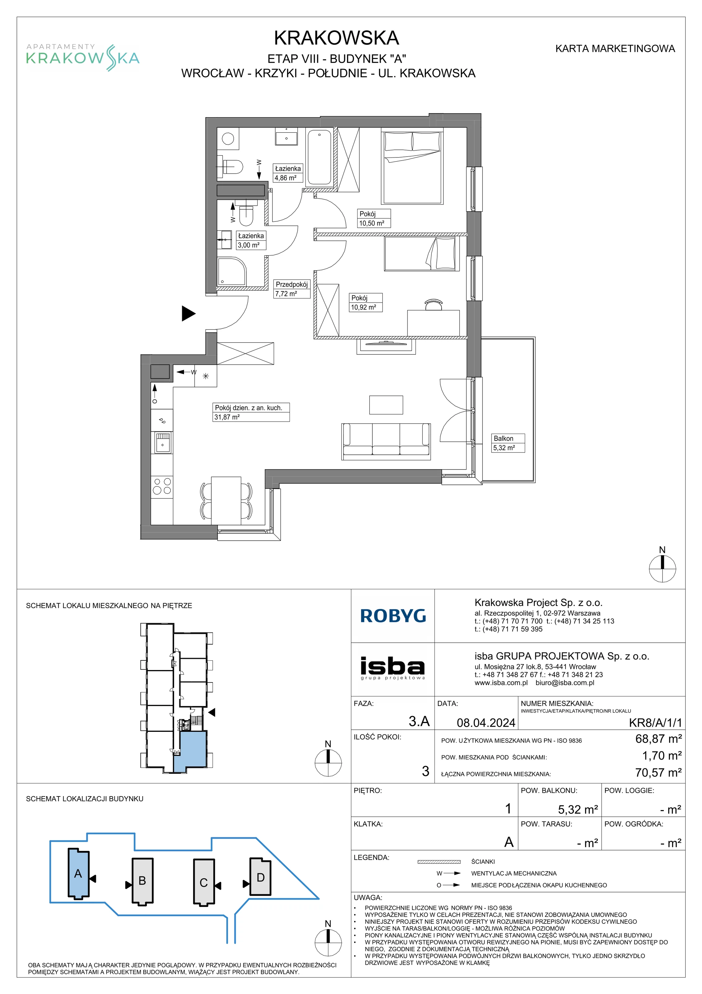 3 pokoje, mieszkanie 68,87 m², piętro 1, oferta nr KR8/A/1/1, Apartamenty Krakowska, Wrocław, Przedmieście Oławskie, Krzyki, ul. Krakowska