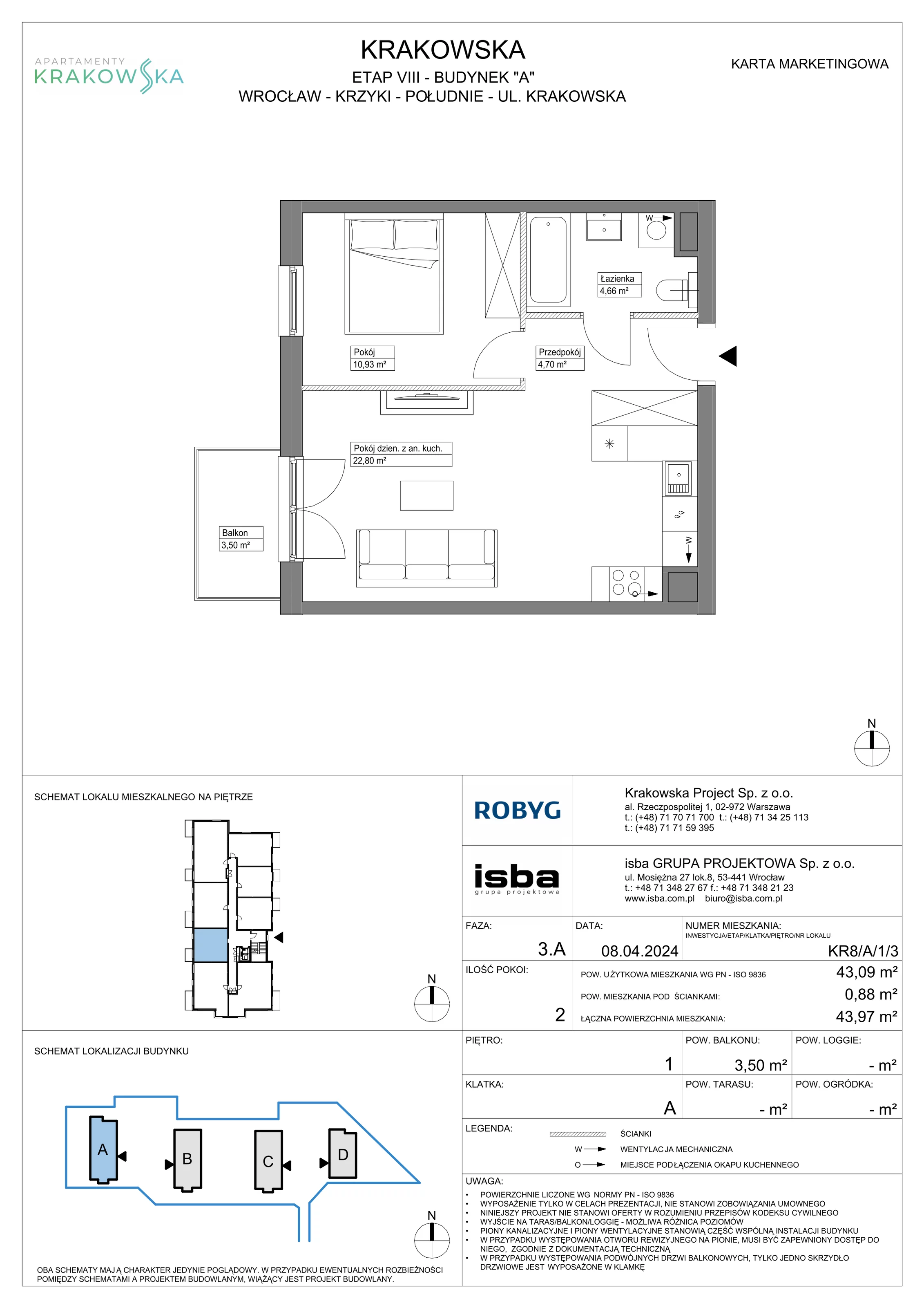 2 pokoje, mieszkanie 43,09 m², piętro 1, oferta nr KR8/A/1/3, Apartamenty Krakowska, Wrocław, Przedmieście Oławskie, Krzyki, ul. Krakowska