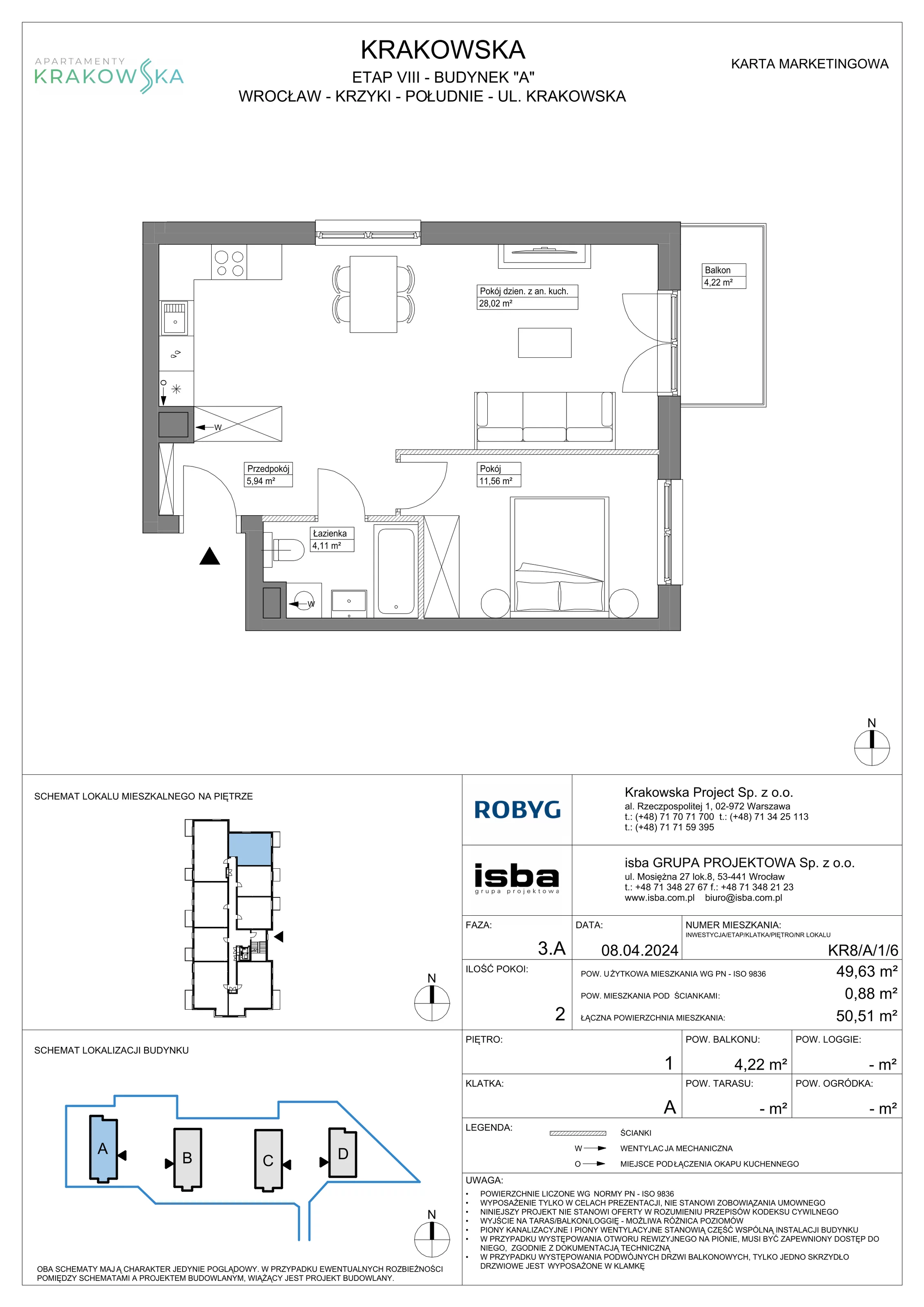 2 pokoje, mieszkanie 49,63 m², piętro 1, oferta nr KR8/A/1/6, Apartamenty Krakowska, Wrocław, Przedmieście Oławskie, Krzyki, ul. Krakowska