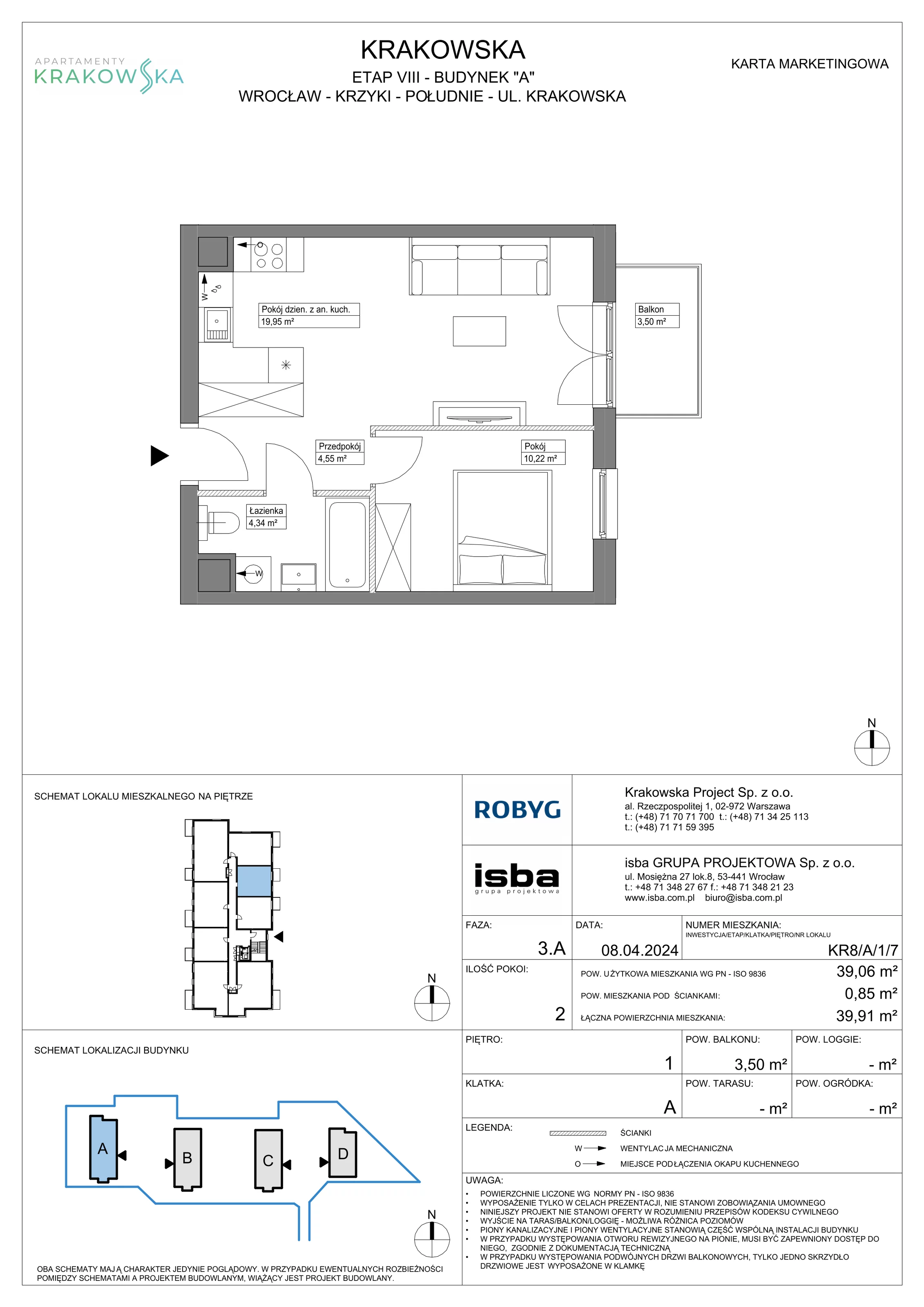 2 pokoje, mieszkanie 39,06 m², piętro 1, oferta nr KR8/A/1/7, Apartamenty Krakowska, Wrocław, Przedmieście Oławskie, Krzyki, ul. Krakowska